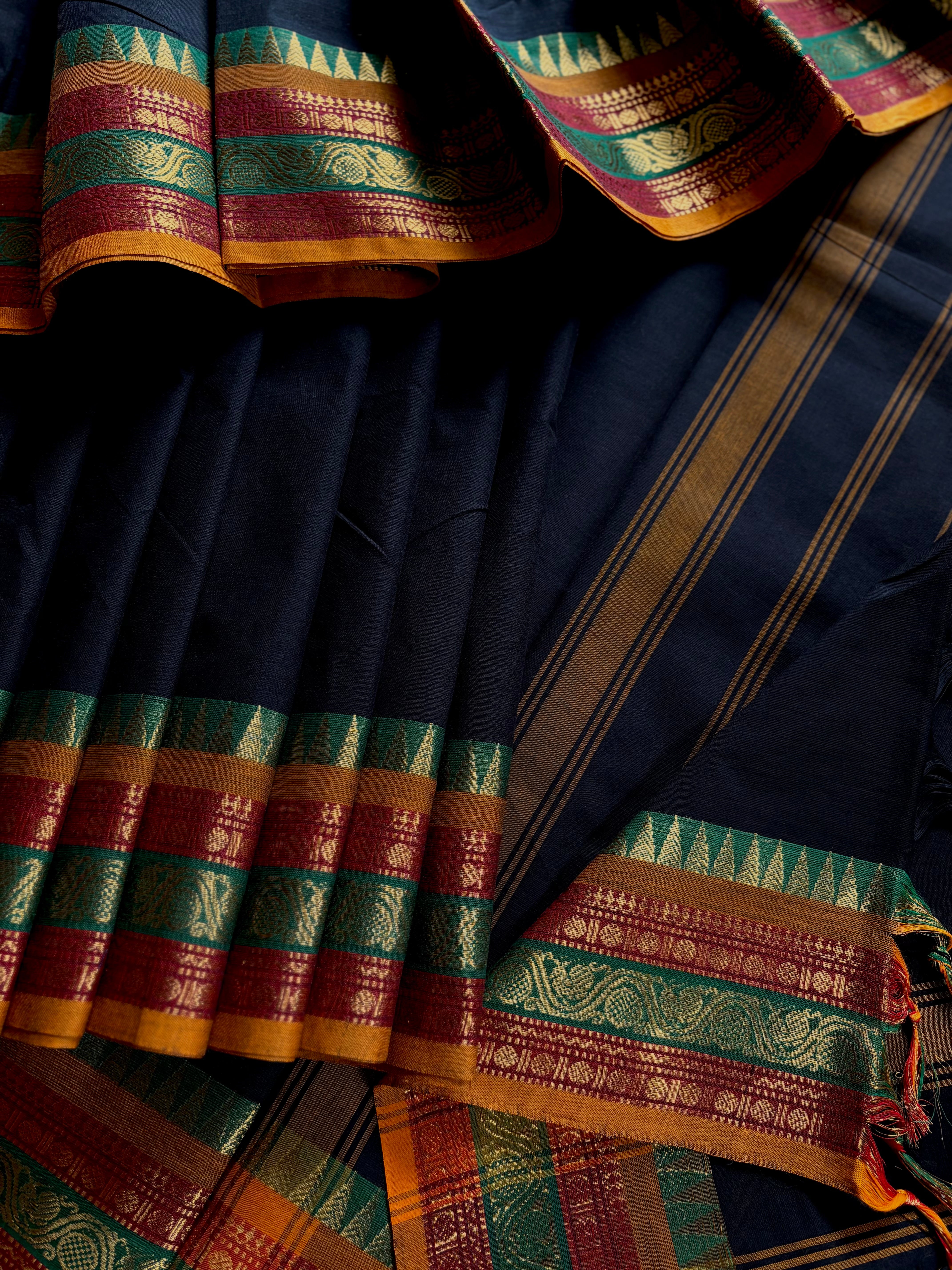 Pure Cotton Black with Red Yellow Kanchipuram Saree