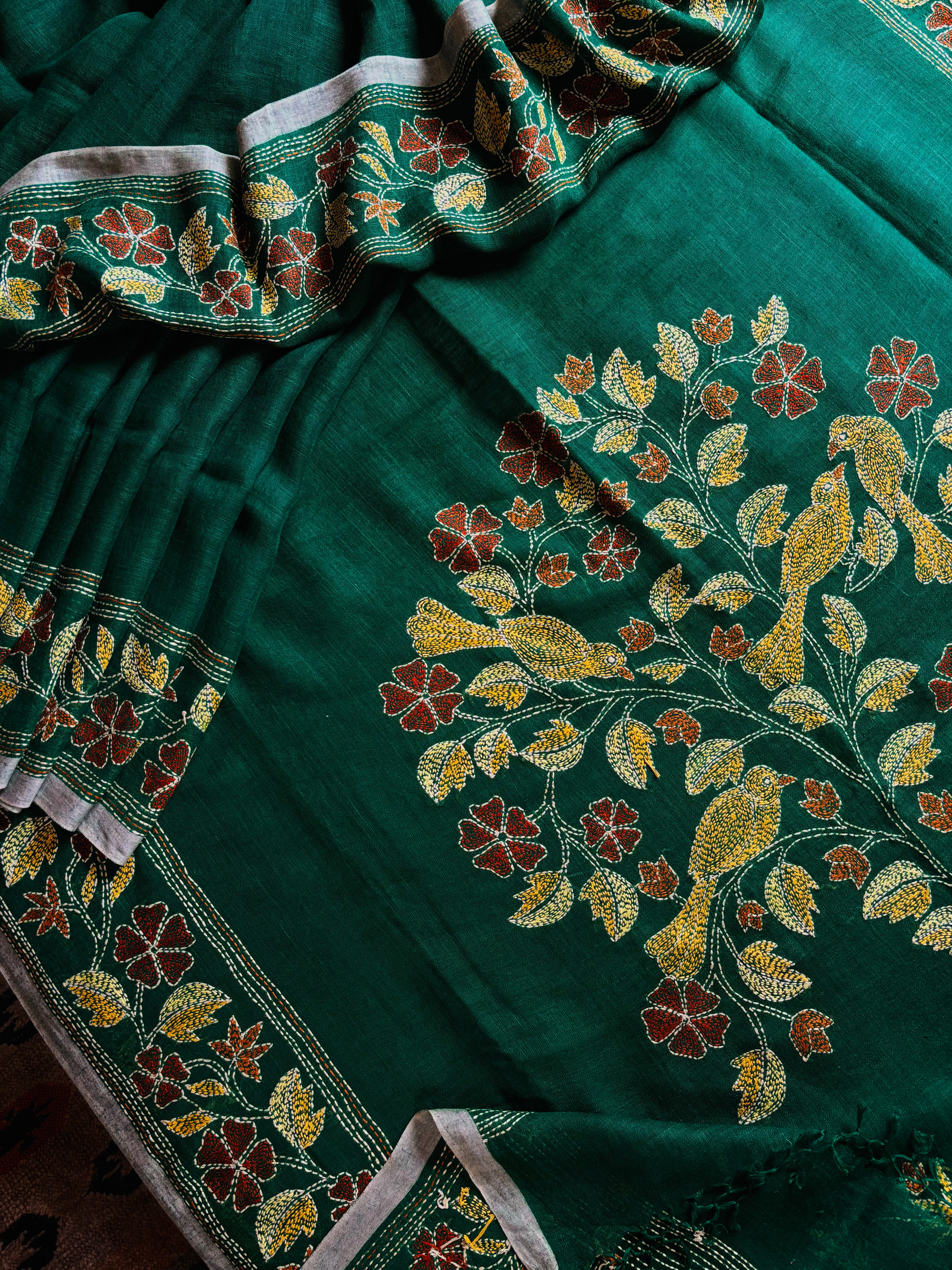 Handwoven Bottle Green Colour Linen Kantha Saree
