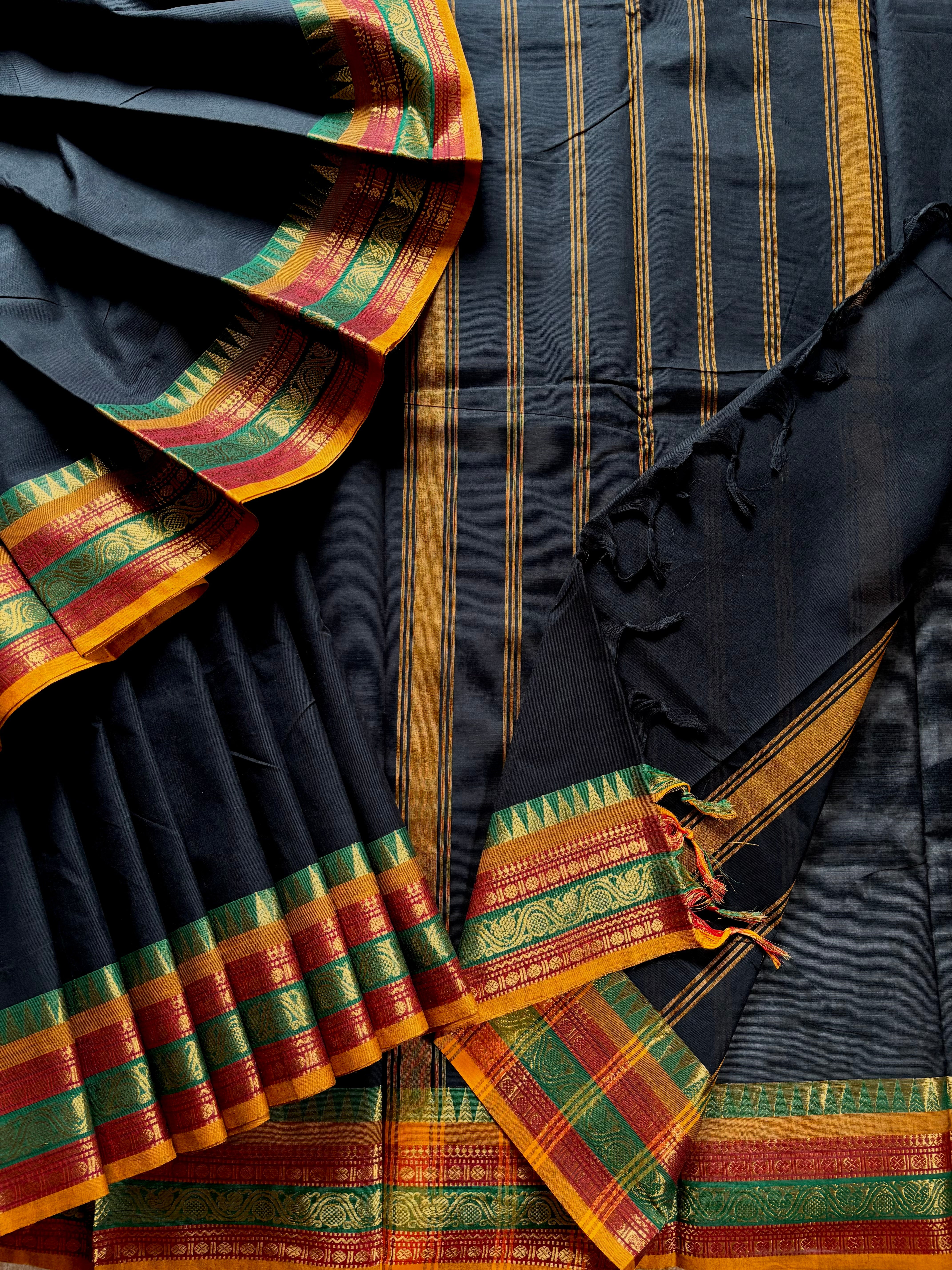 Pure Cotton Black with Red Yellow Kanchipuram Saree