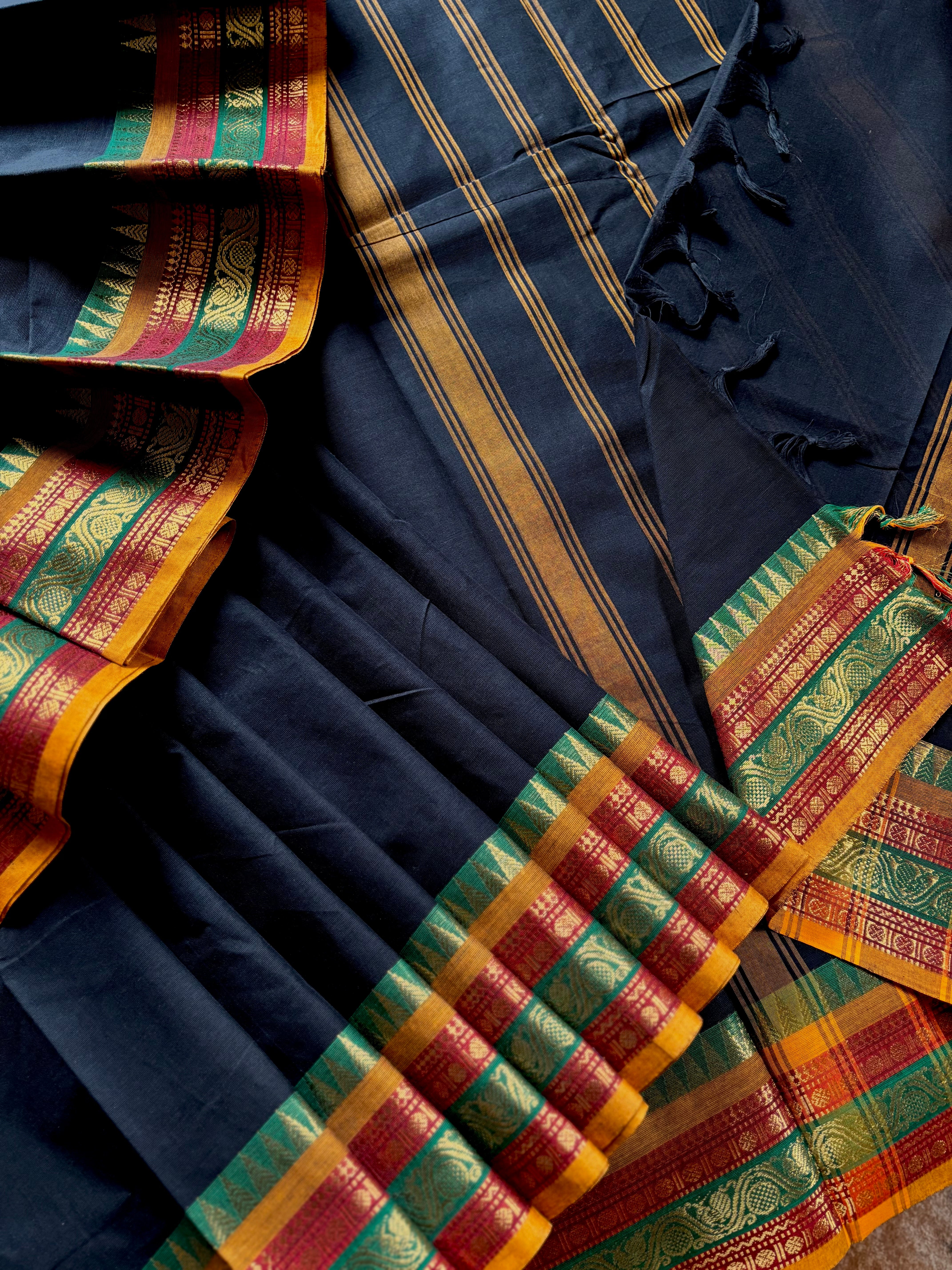 Pure Cotton Black with Red Yellow Kanchipuram Saree
