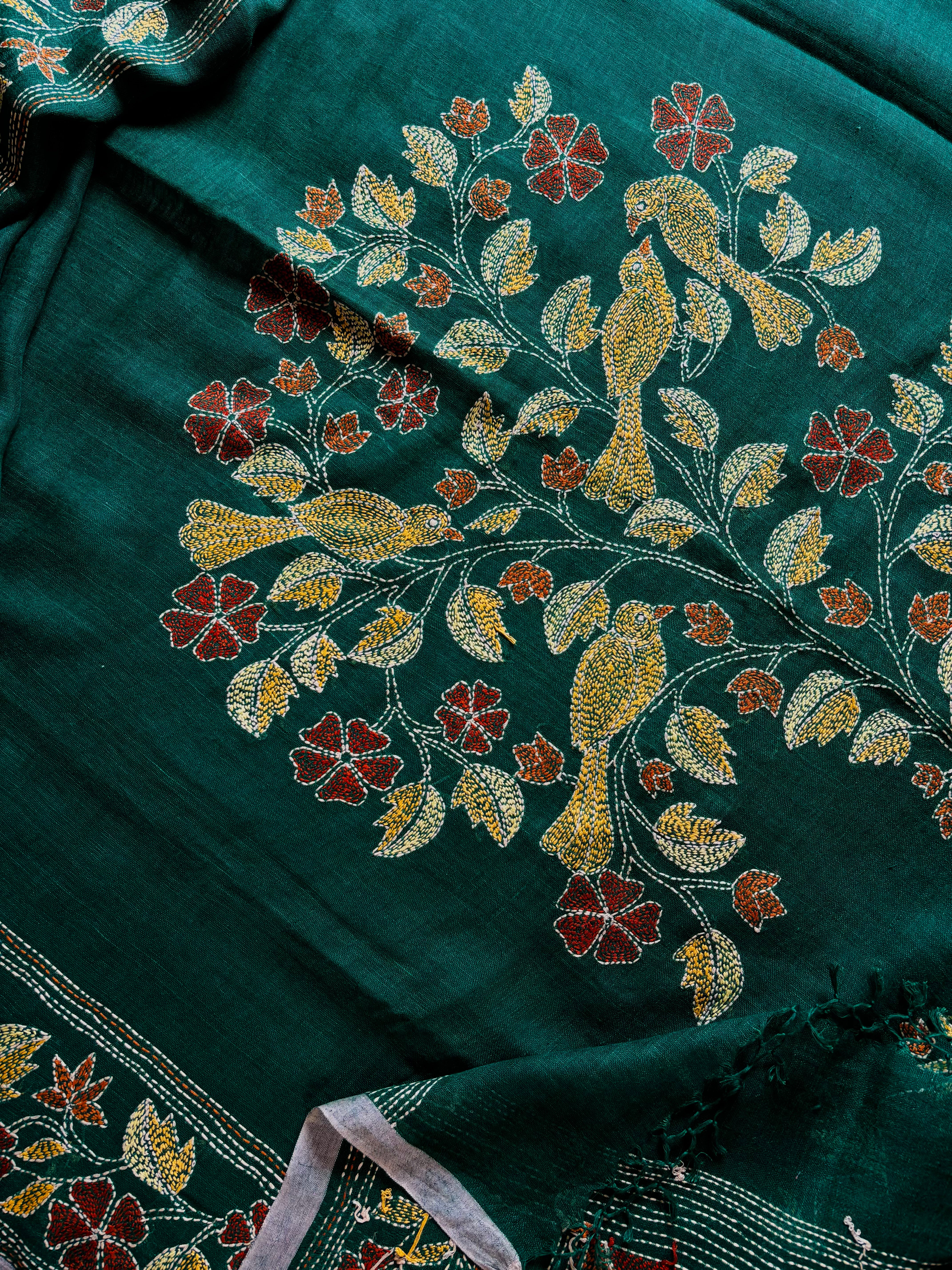 Handwoven Bottle Green Colour Linen Kantha Saree