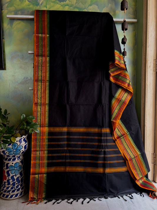 Pure Cotton Black with Red Yellow Kanchipuram Saree
