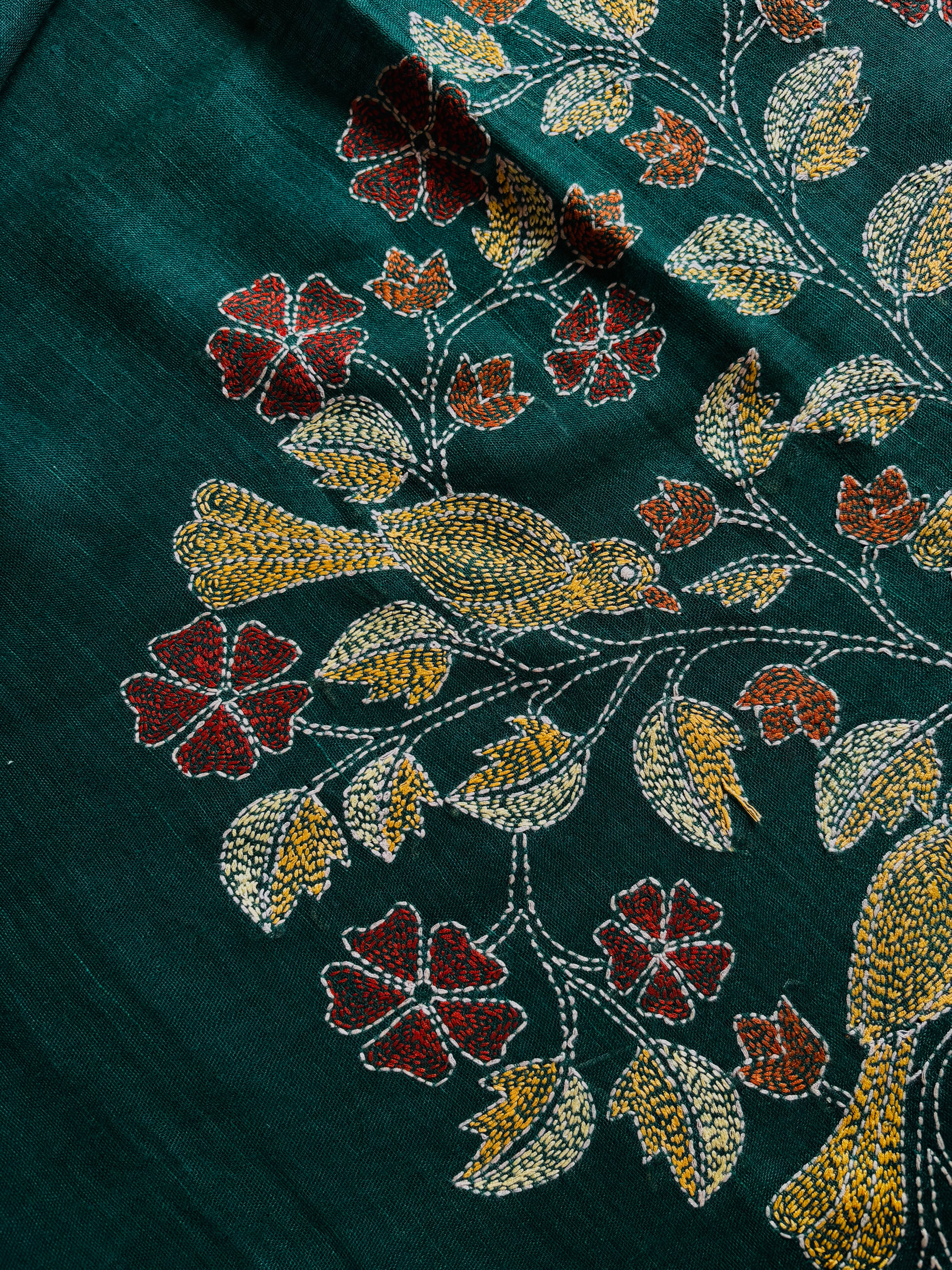 Handwoven Bottle Green Colour Linen Kantha Saree