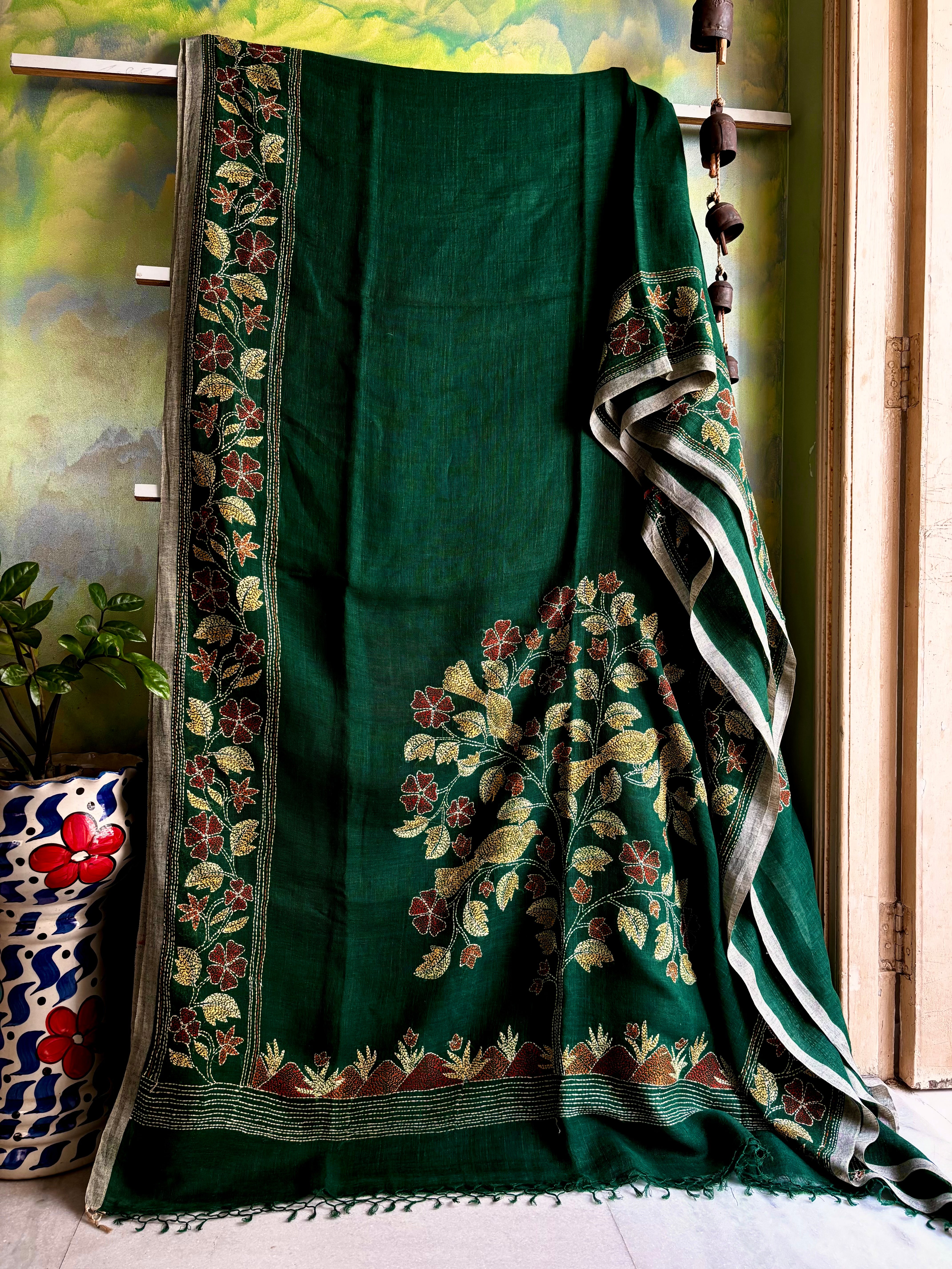 Handwoven Bottle Green Colour Linen Kantha Saree