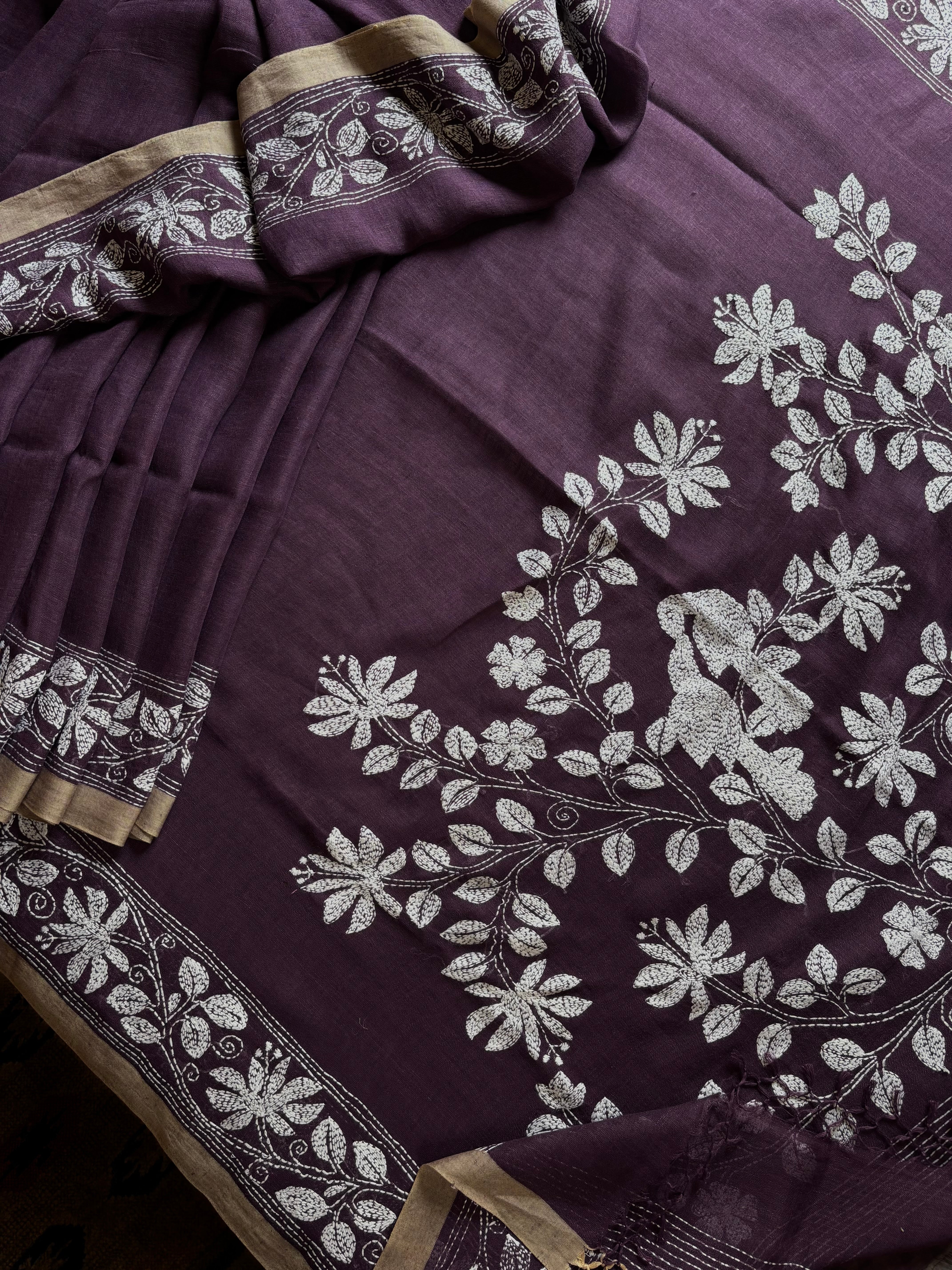 Handwoven Dusty Purple Colour Linen Kantha Saree