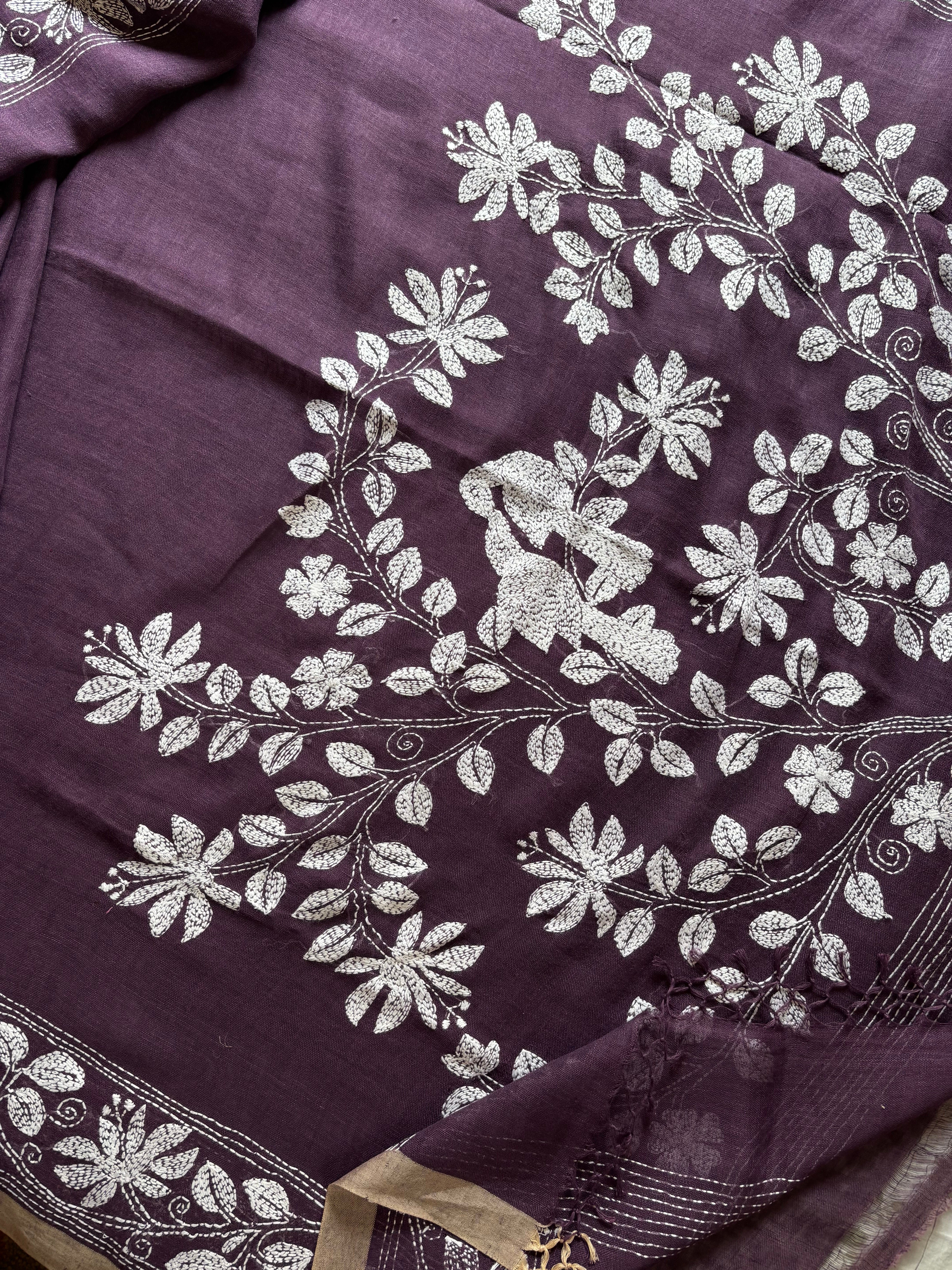 Handwoven Dusty Purple Colour Linen Kantha Saree