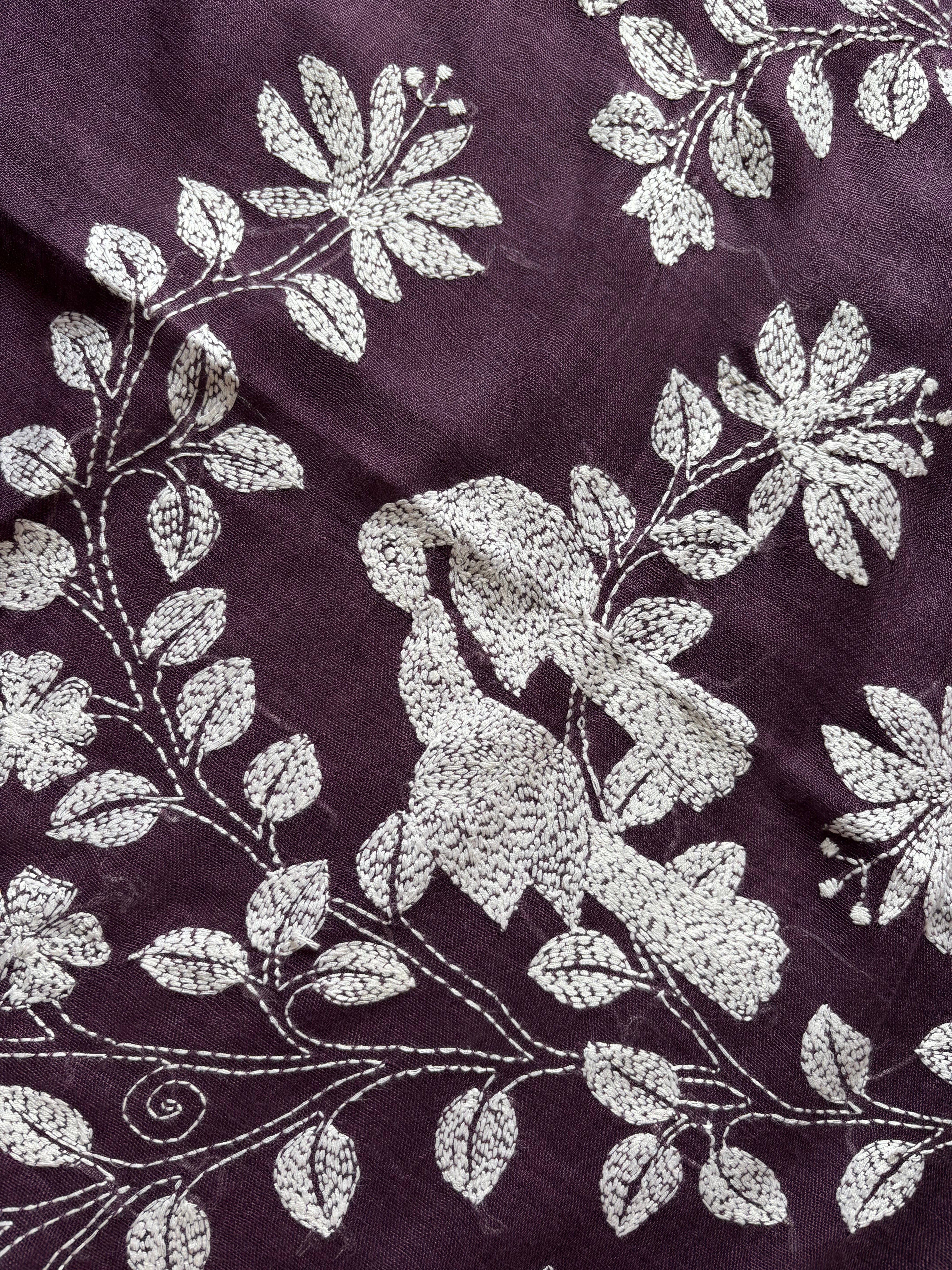 Handwoven Dusty Purple Colour Linen Kantha Saree