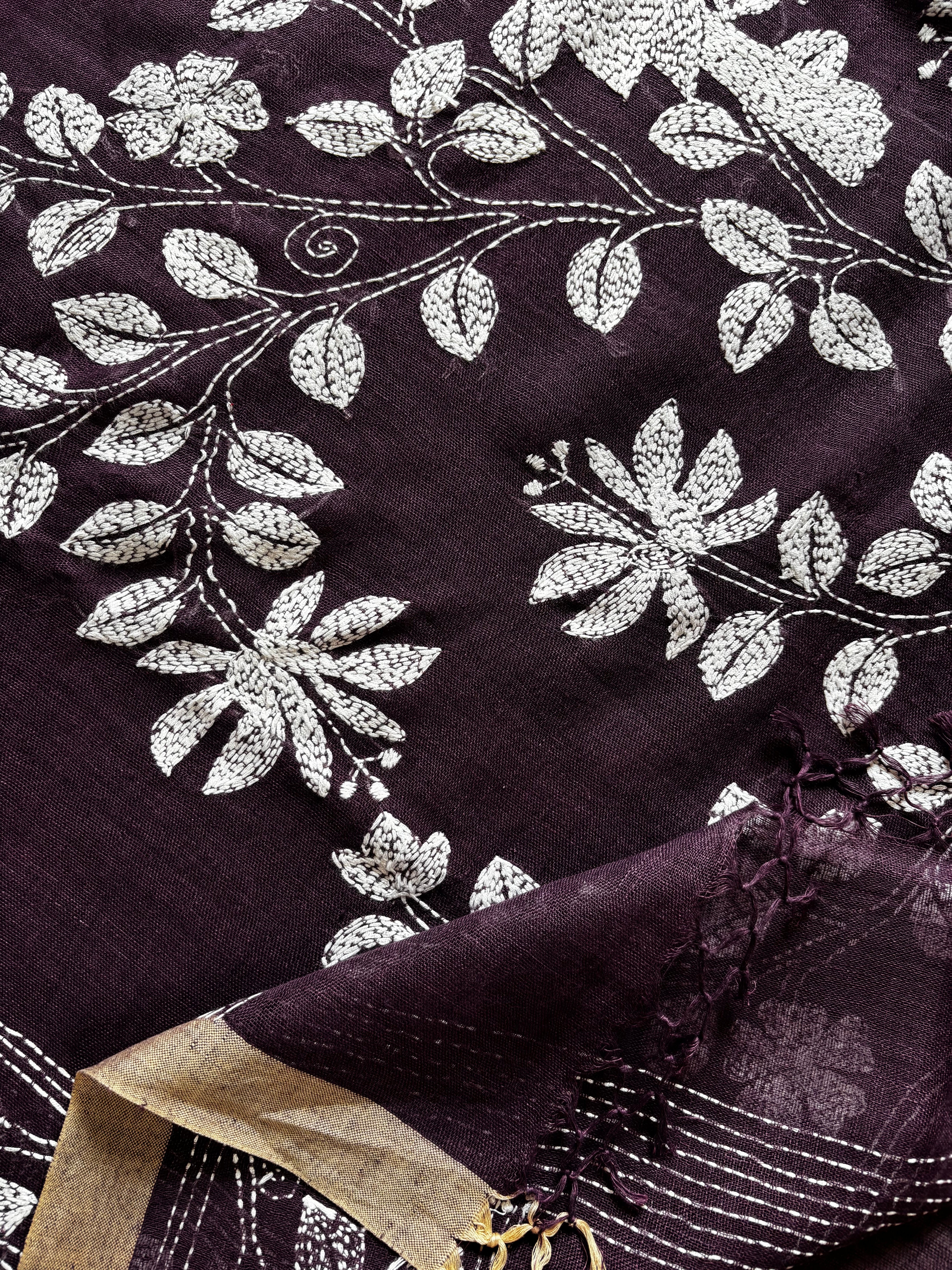 Handwoven Dusty Purple Colour Linen Kantha Saree