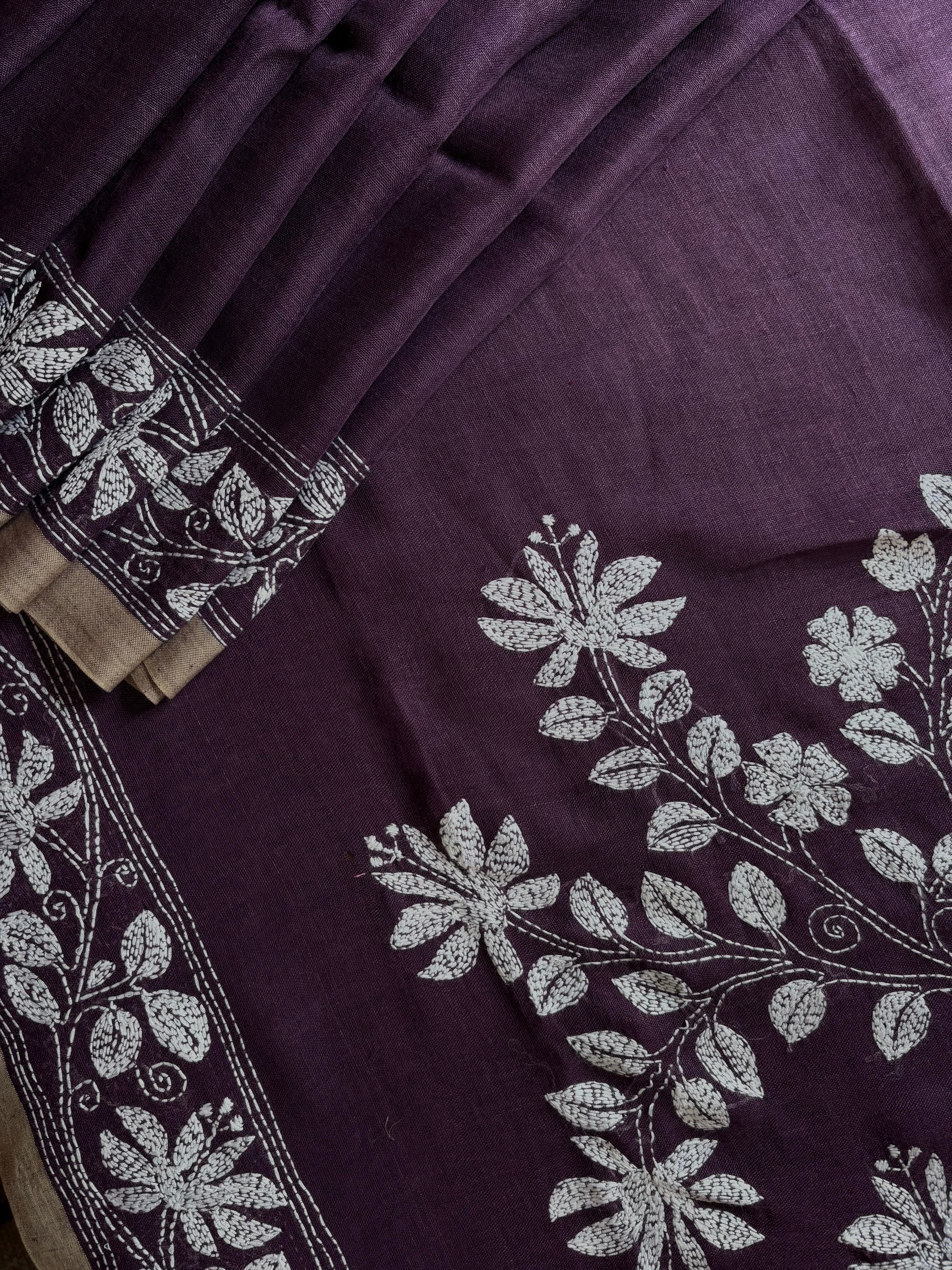 Handwoven Dusty Purple Colour Linen Kantha Saree