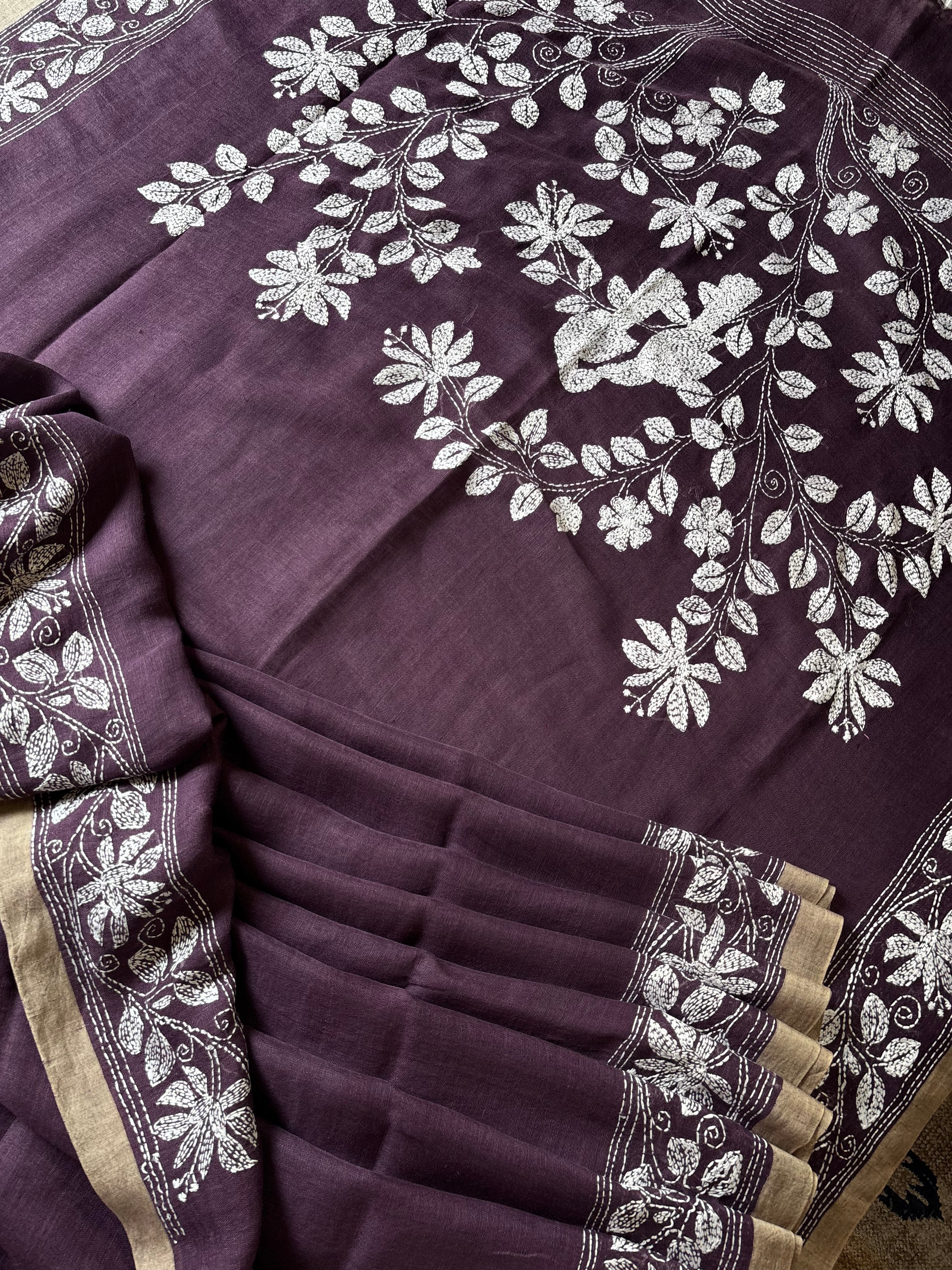Handwoven Dusty Purple Colour Linen Kantha Saree