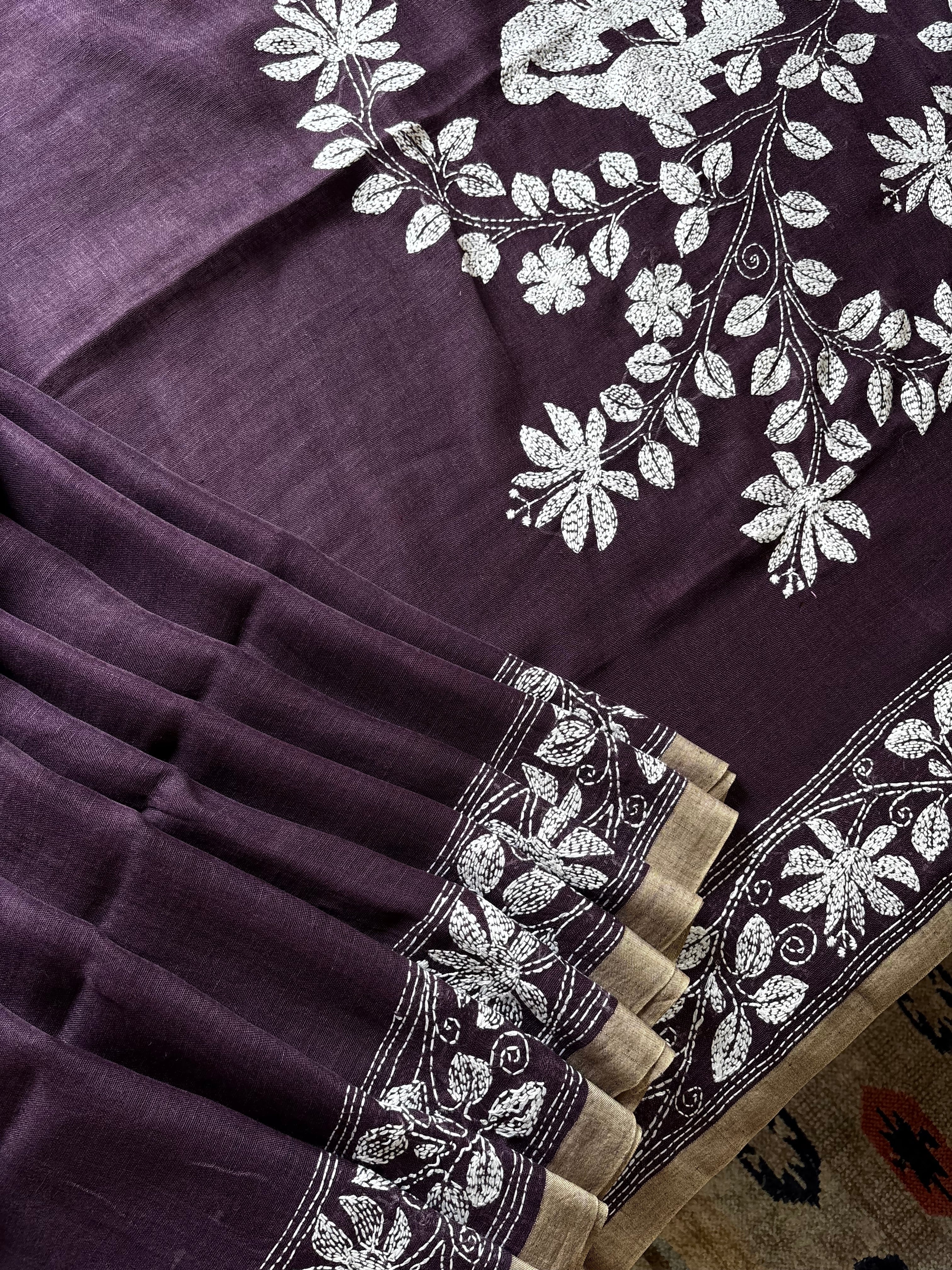 Handwoven Dusty Purple Colour Linen Kantha Saree