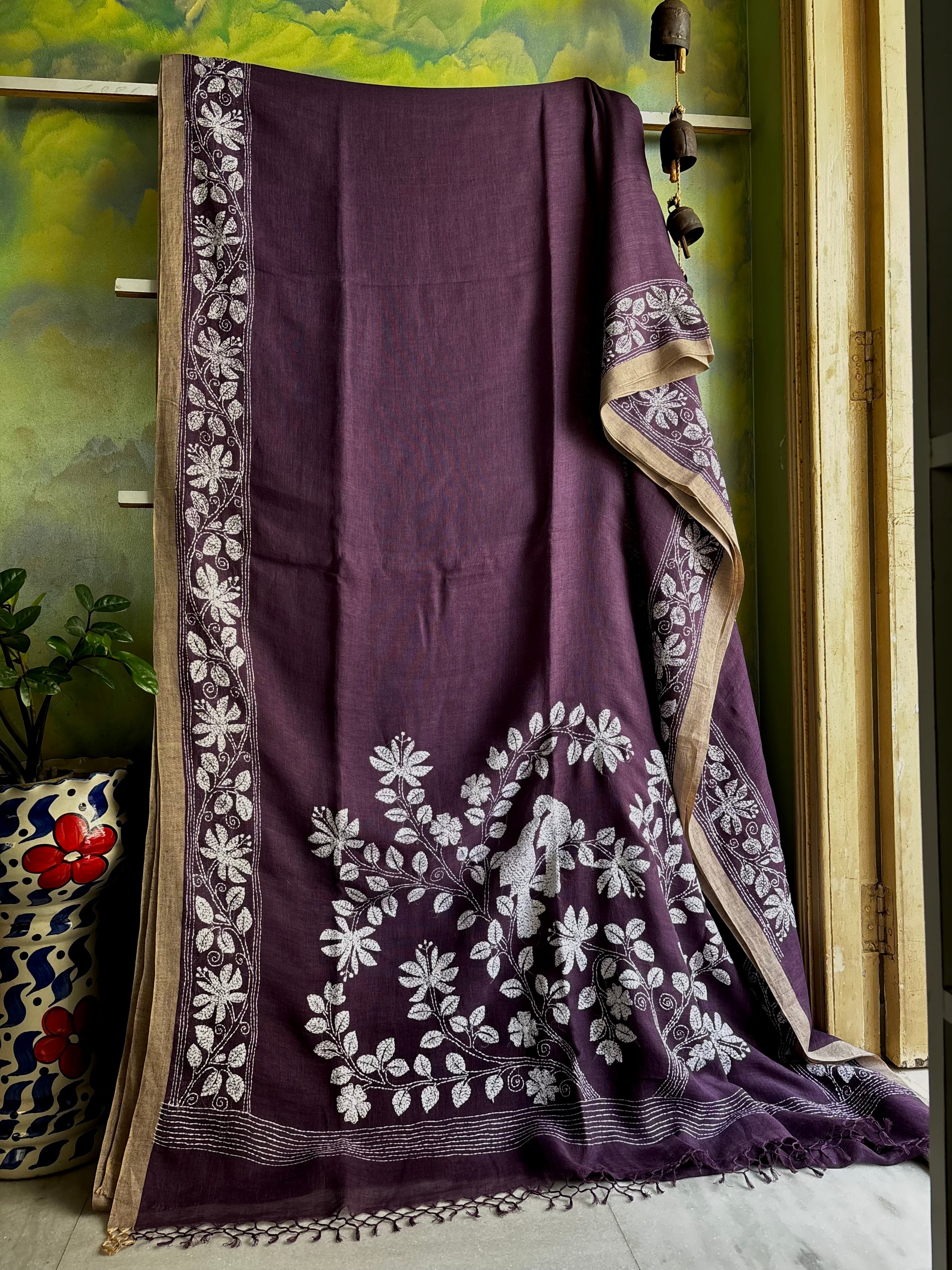 Handwoven Dusty Purple Colour Linen Kantha Saree