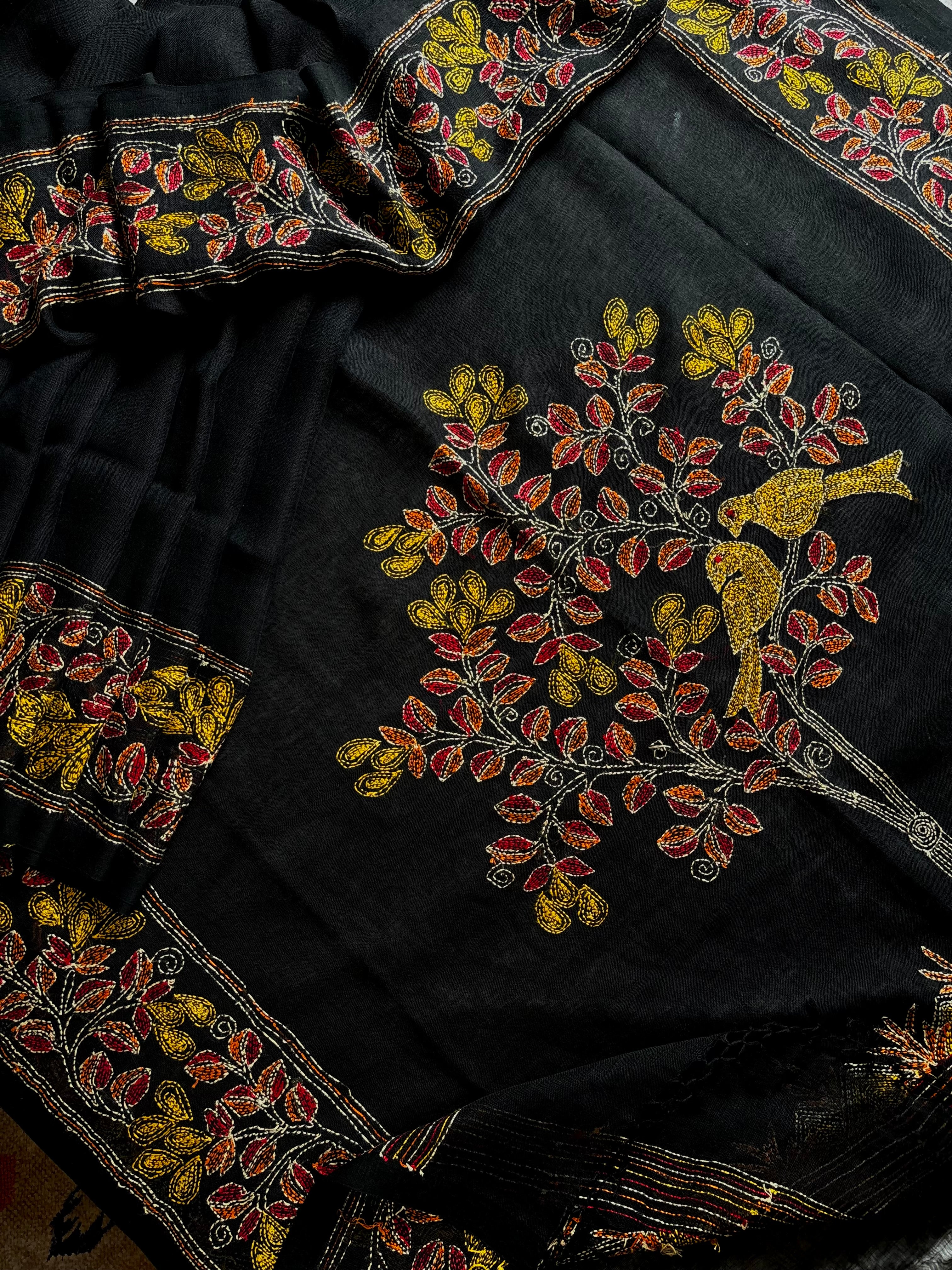 Handwoven Black Colour Linen Kantha Saree
