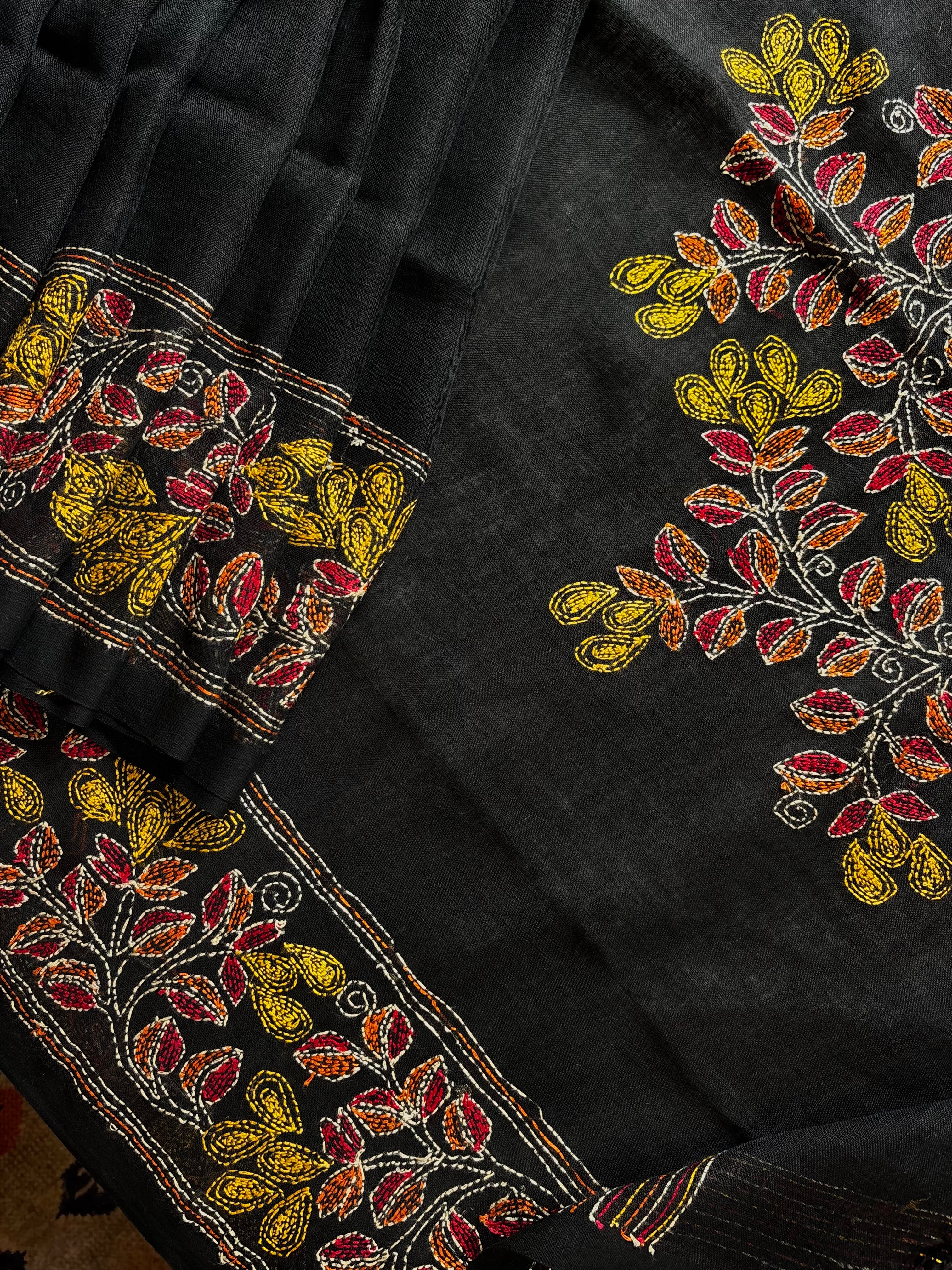 Handwoven Black Colour Linen Kantha Saree