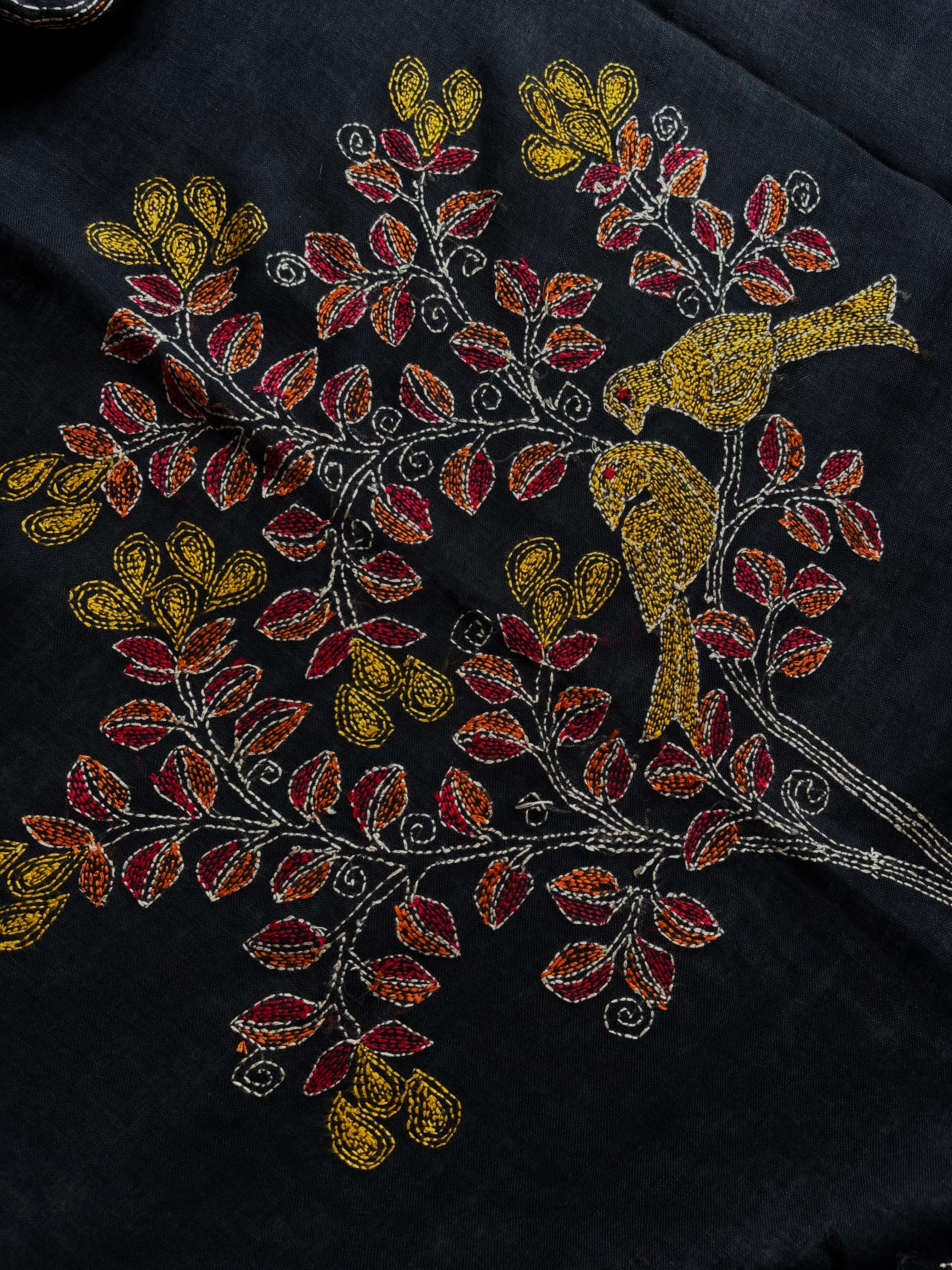 Handwoven Black Colour Linen Kantha Saree