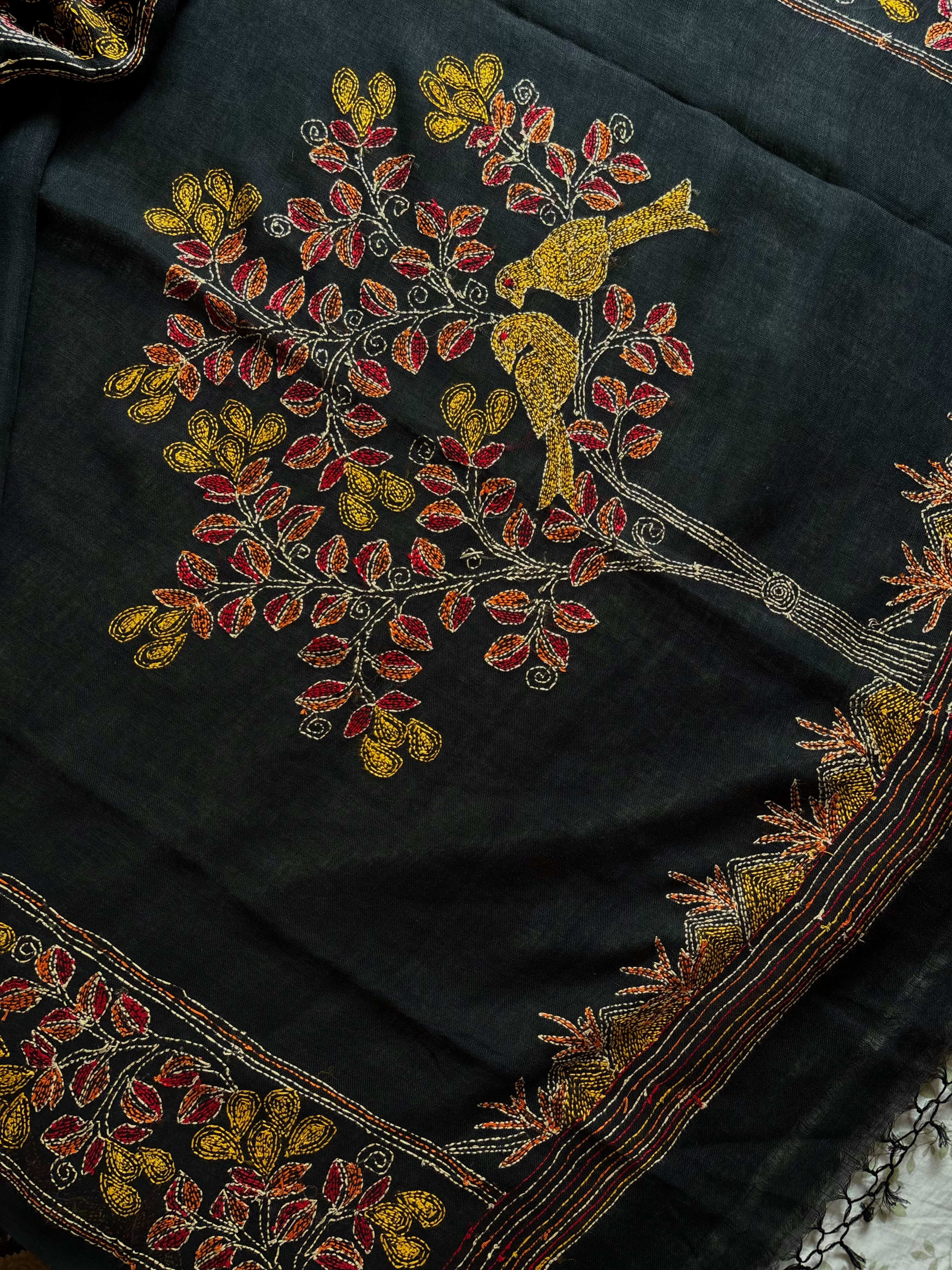 Handwoven Black Colour Linen Kantha Saree