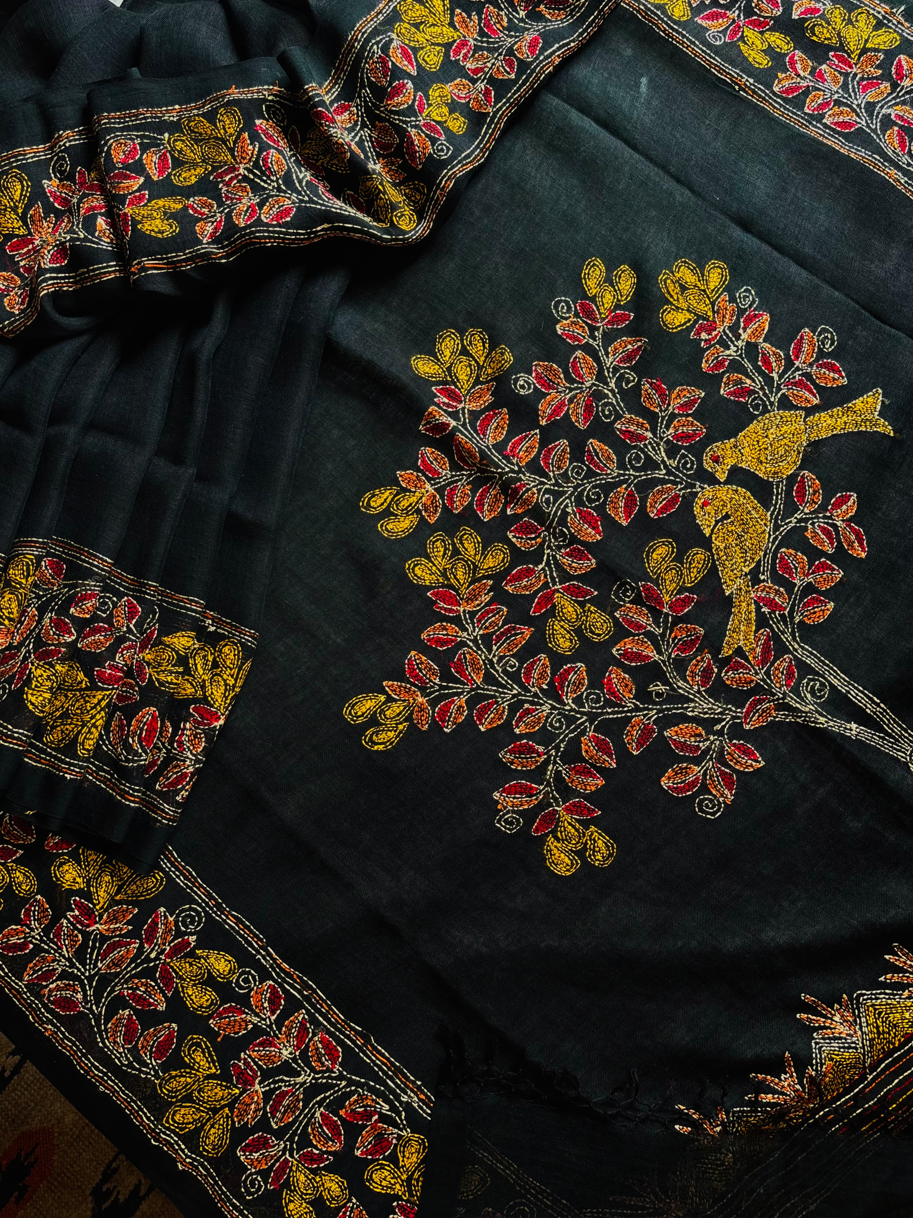 Handwoven Black Colour Linen Kantha Saree