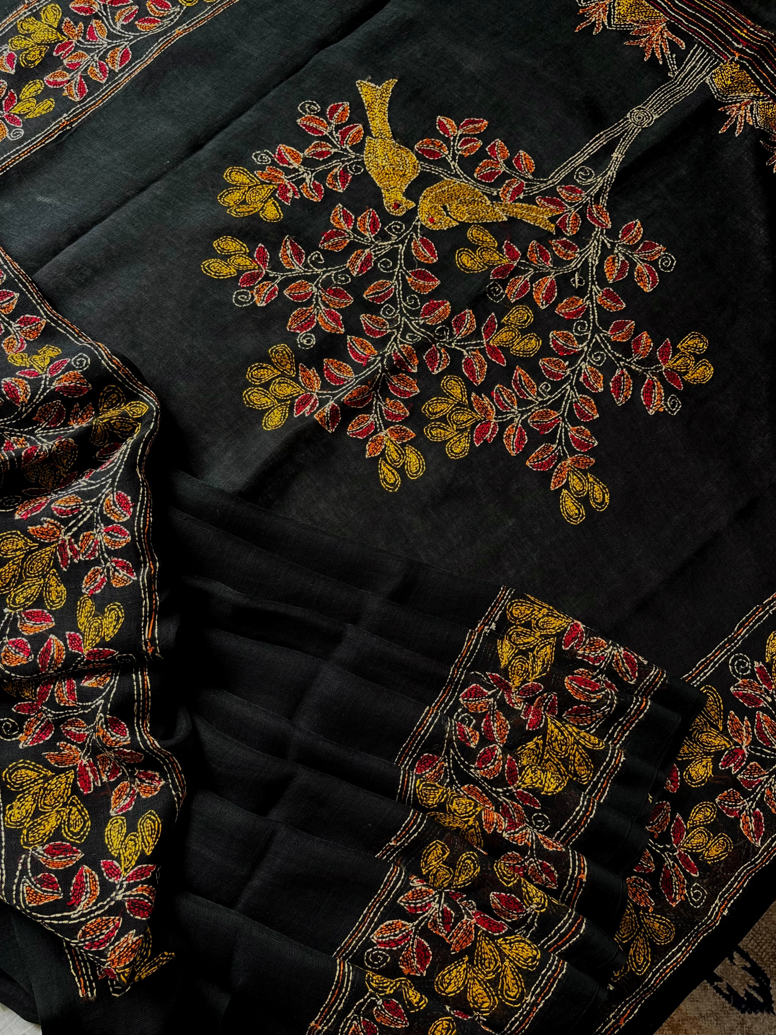 Handwoven Black Colour Linen Kantha Saree