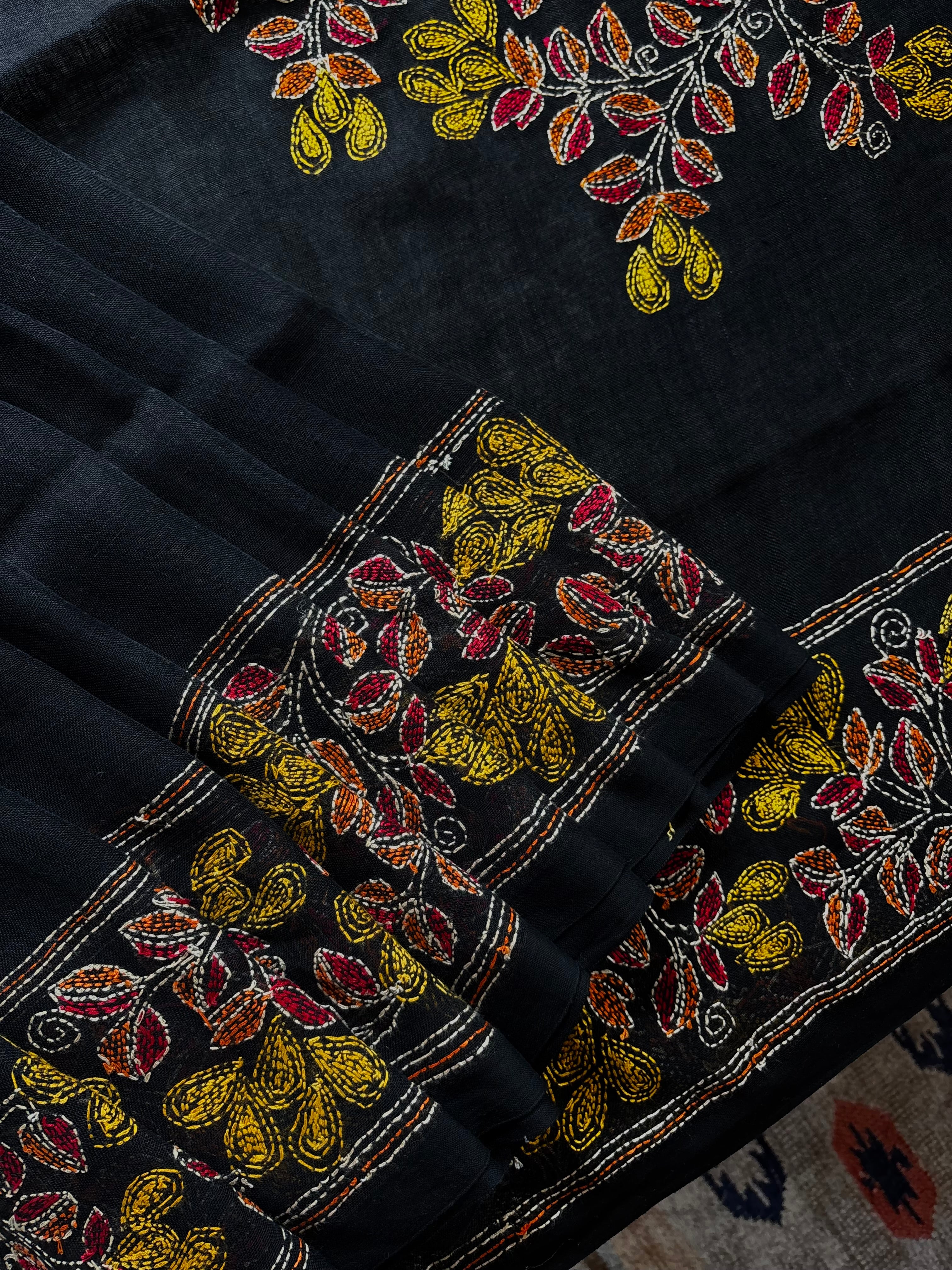Handwoven Black Colour Linen Kantha Saree