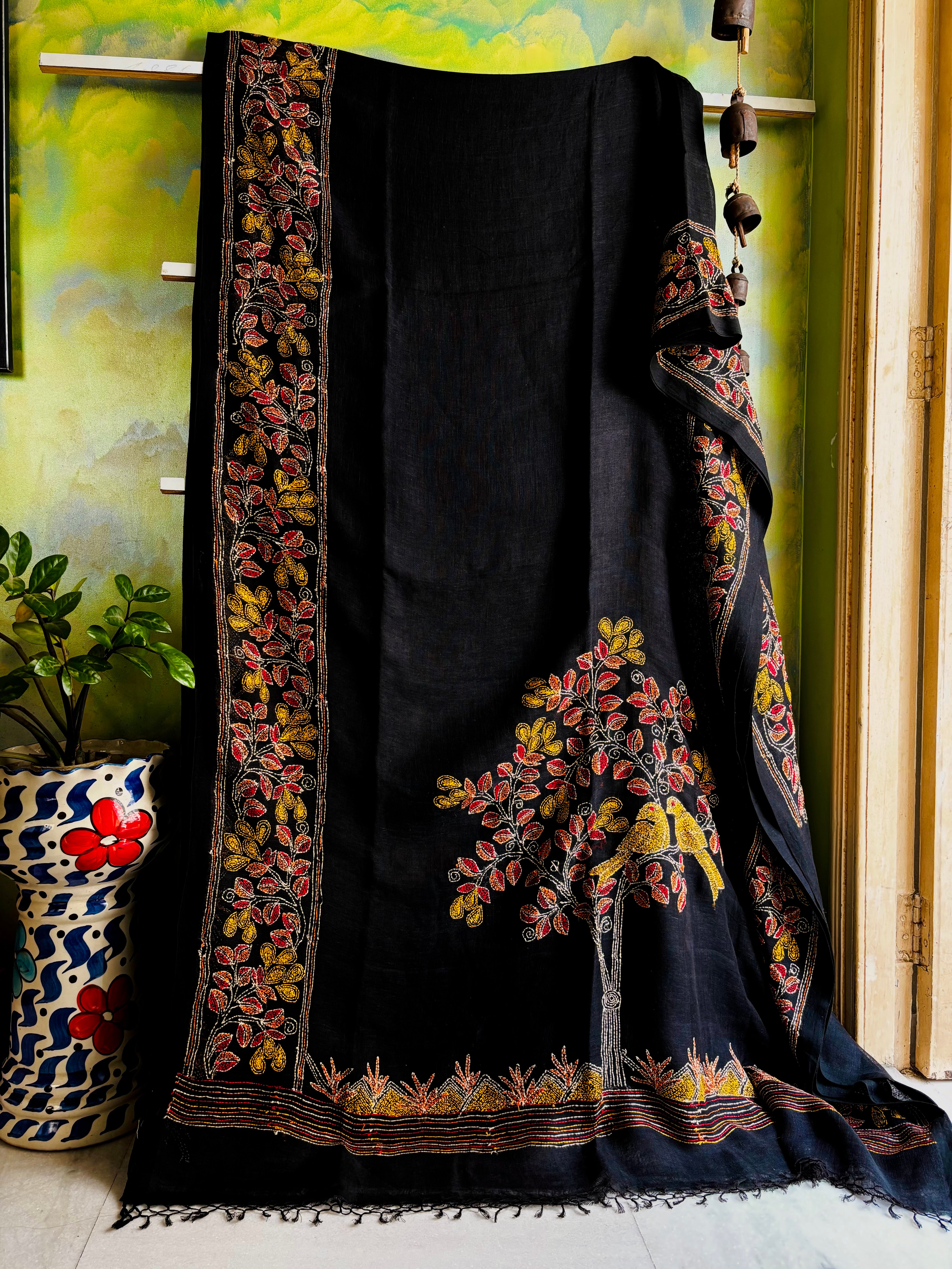 Handwoven Black Colour Linen Kantha Saree