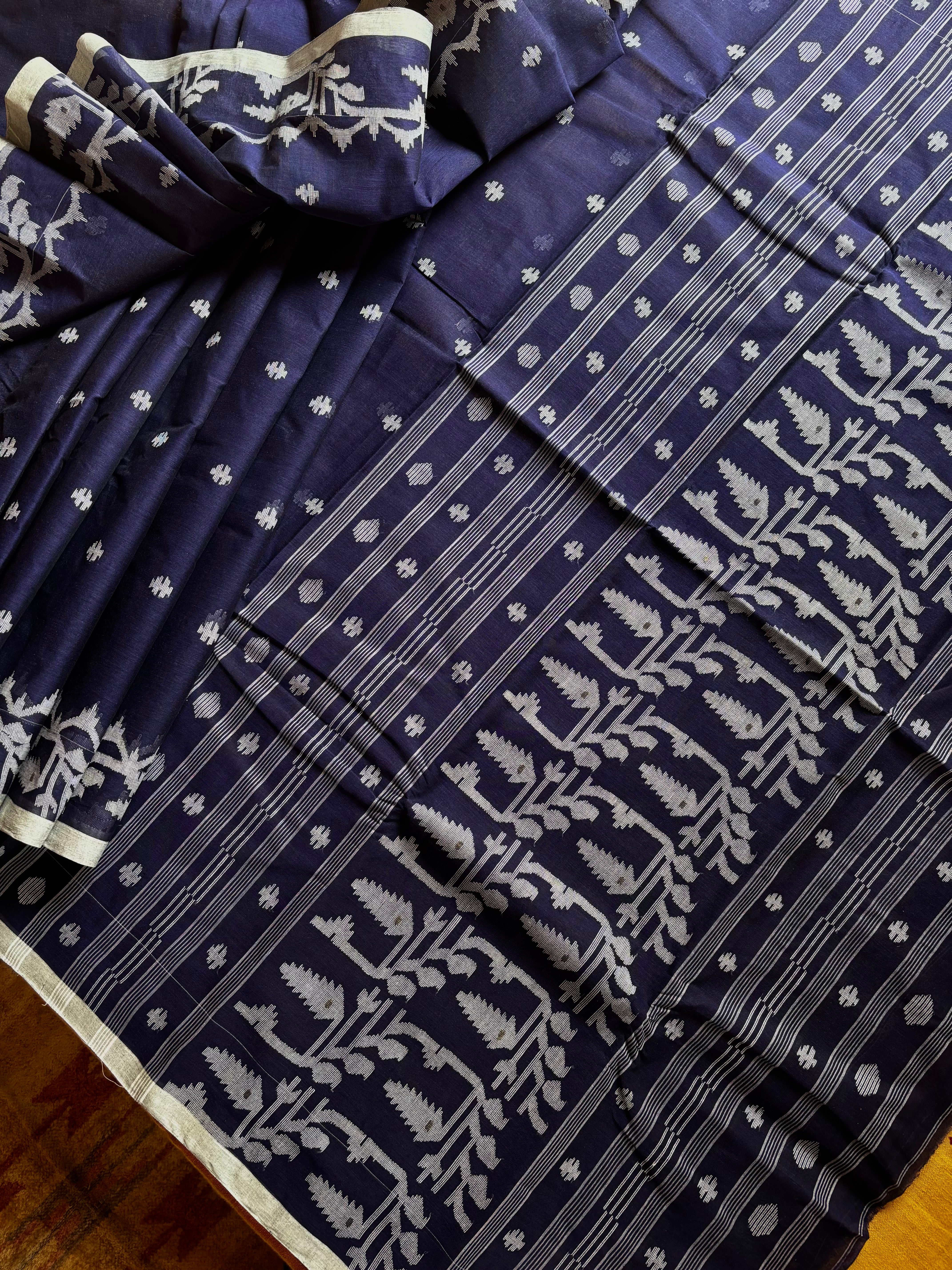 Handwoven Ink Blue Cotton Jamdani Saree