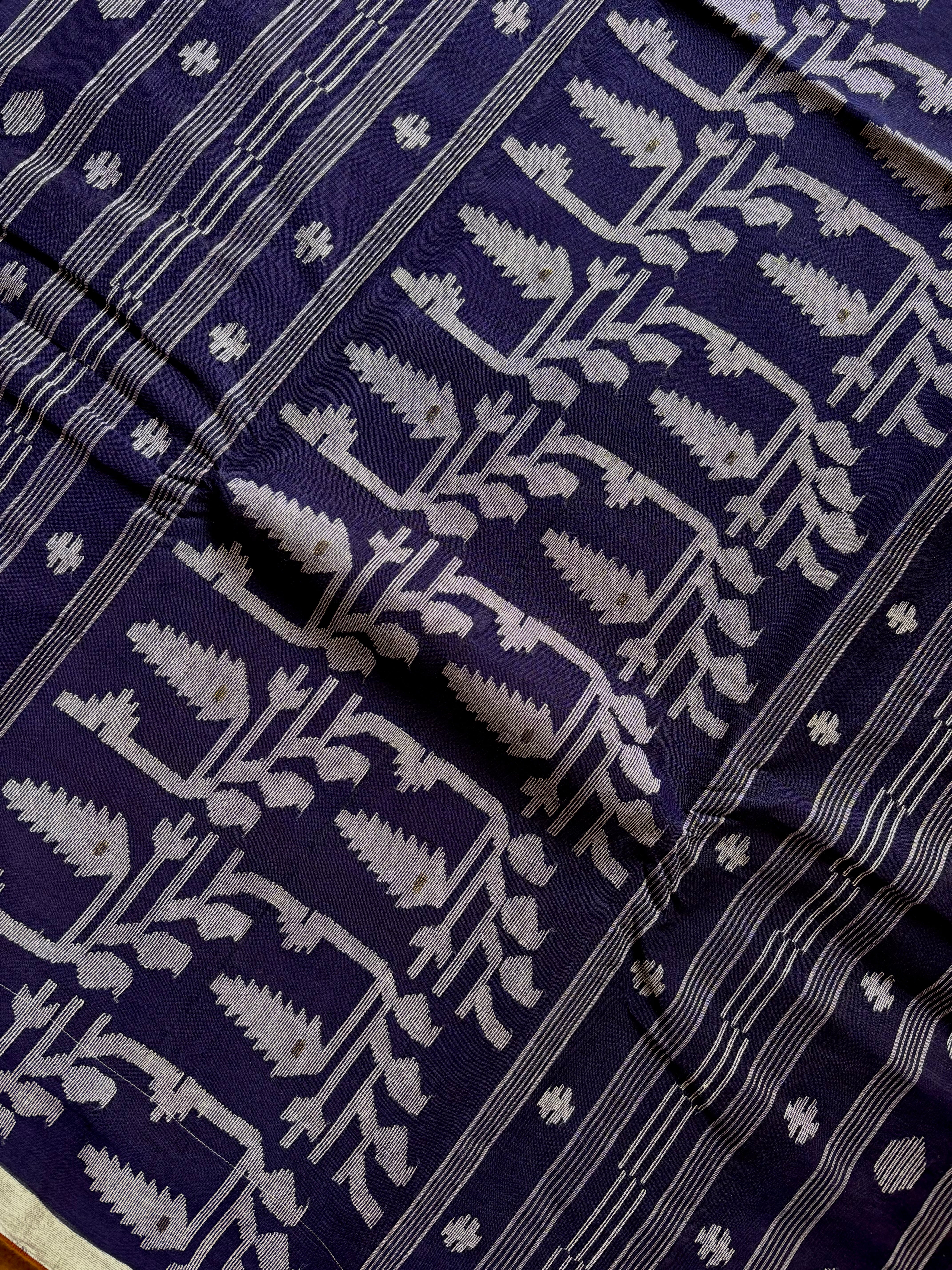 Handwoven Ink Blue Cotton Jamdani Saree