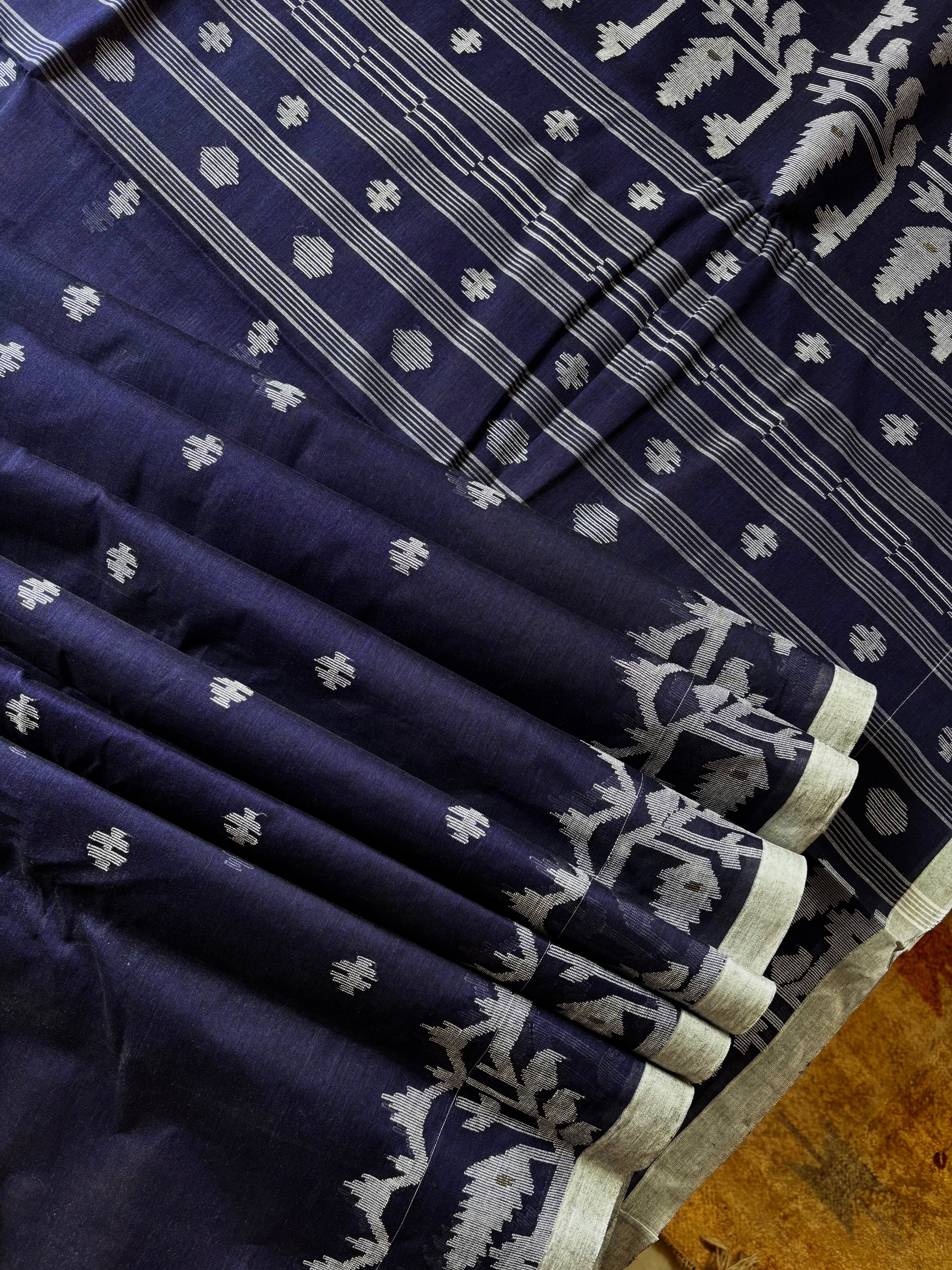 Handwoven Ink Blue Cotton Jamdani Saree