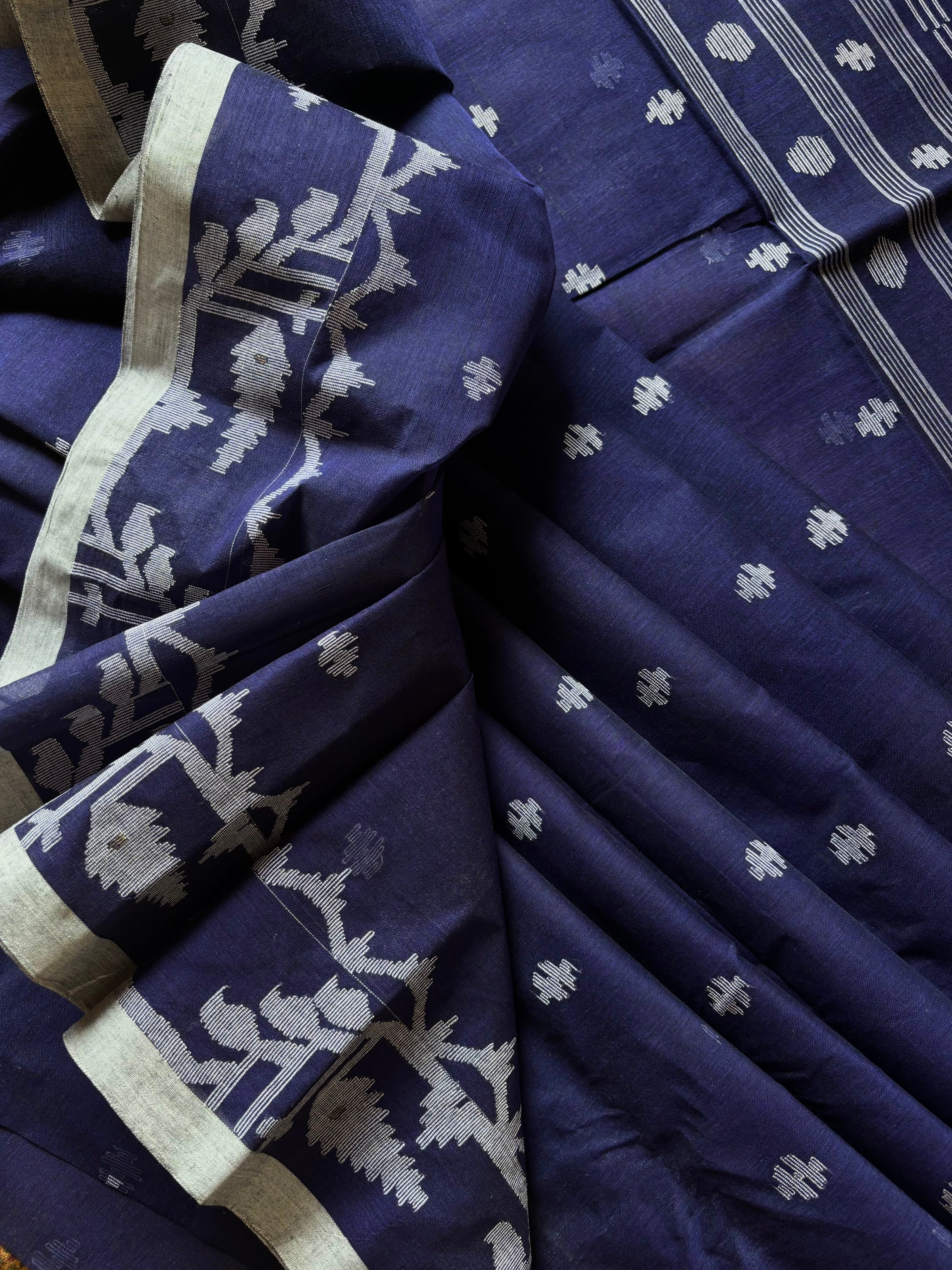 Handwoven Ink Blue Cotton Jamdani Saree