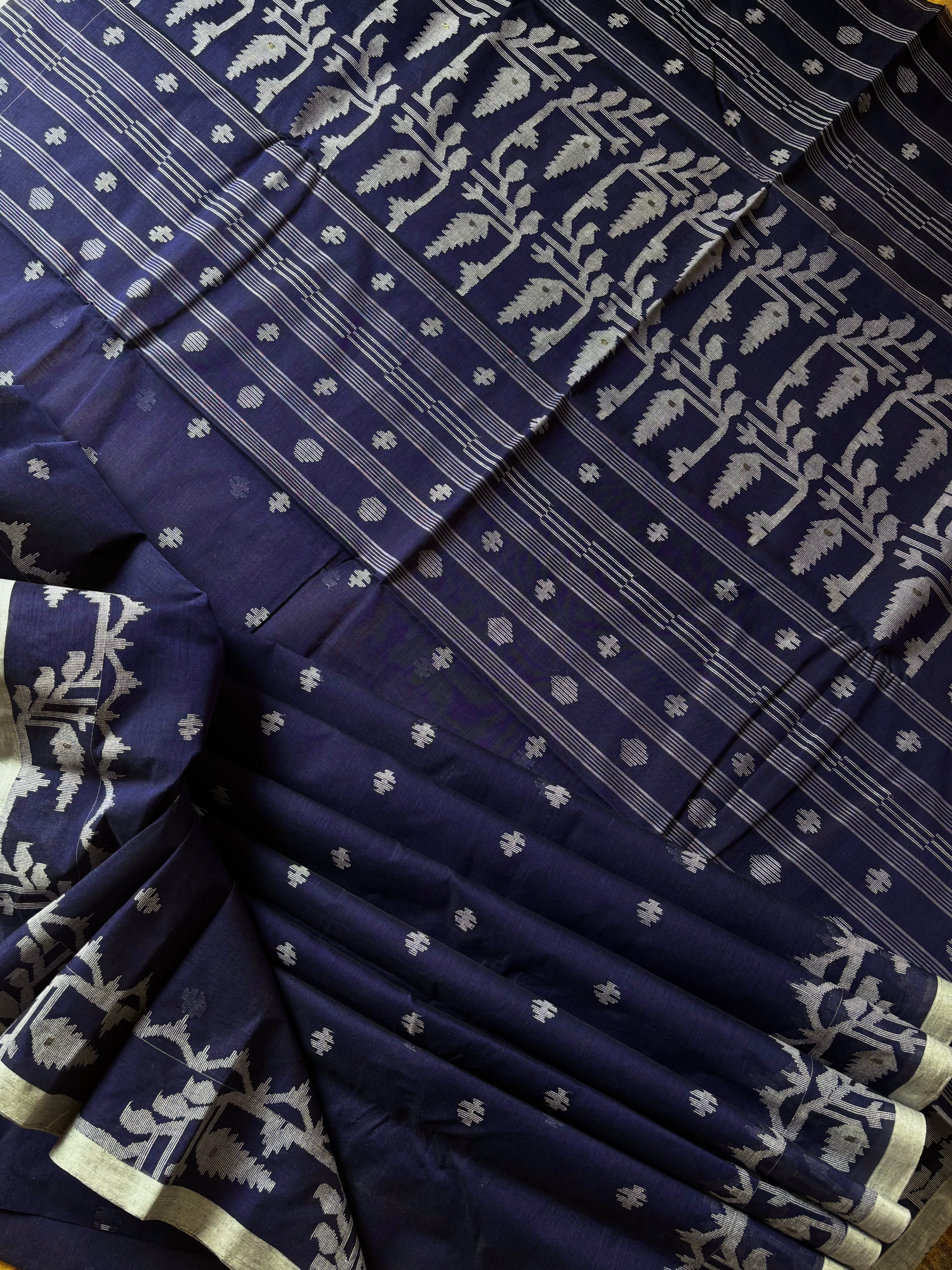 Handwoven Ink Blue Cotton Jamdani Saree