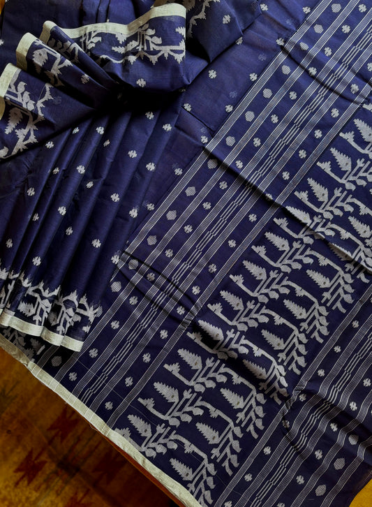 Handwoven Ink Blue Cotton Jamdani Saree