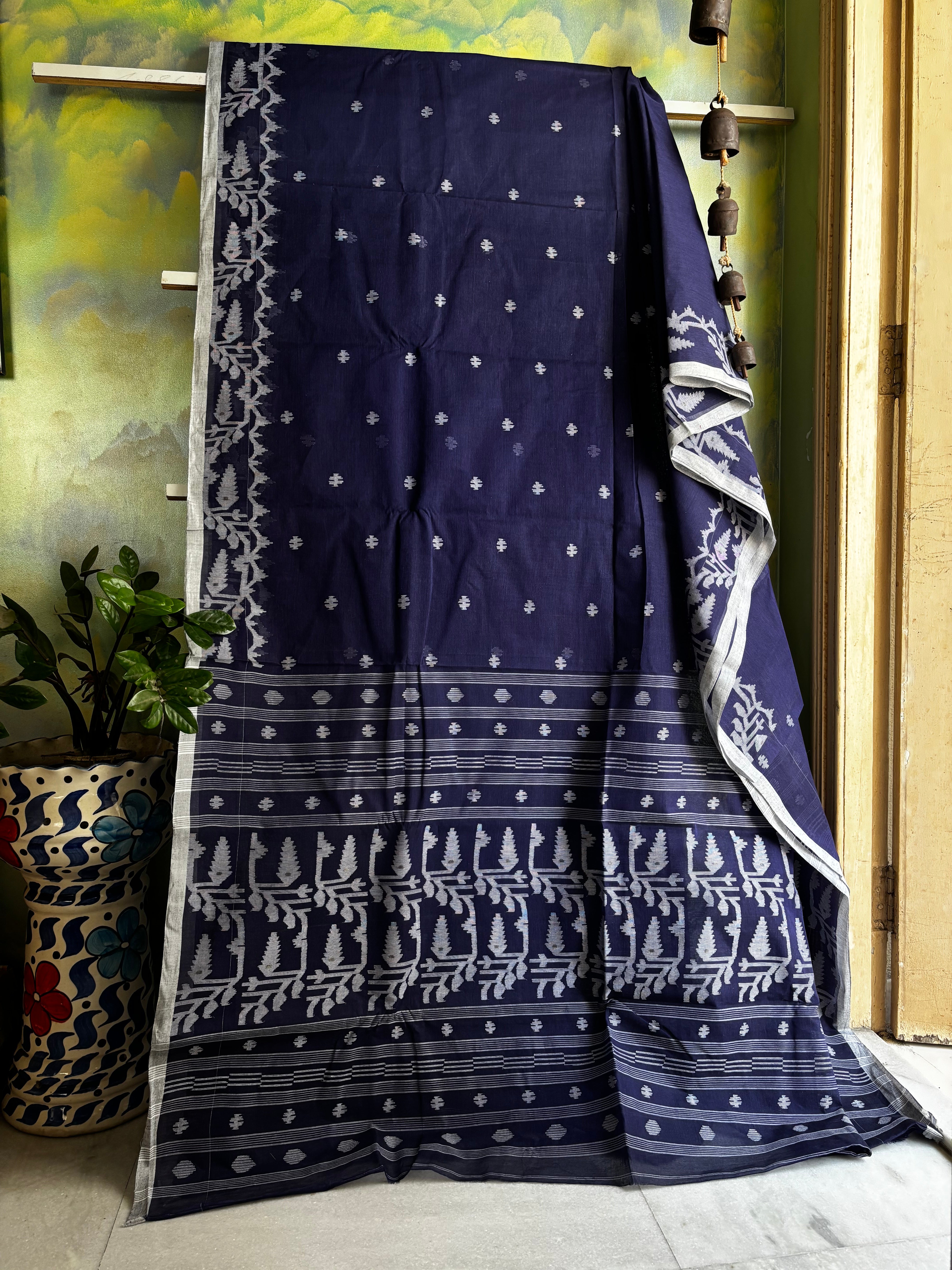 Handwoven Ink Blue Cotton Jamdani Saree