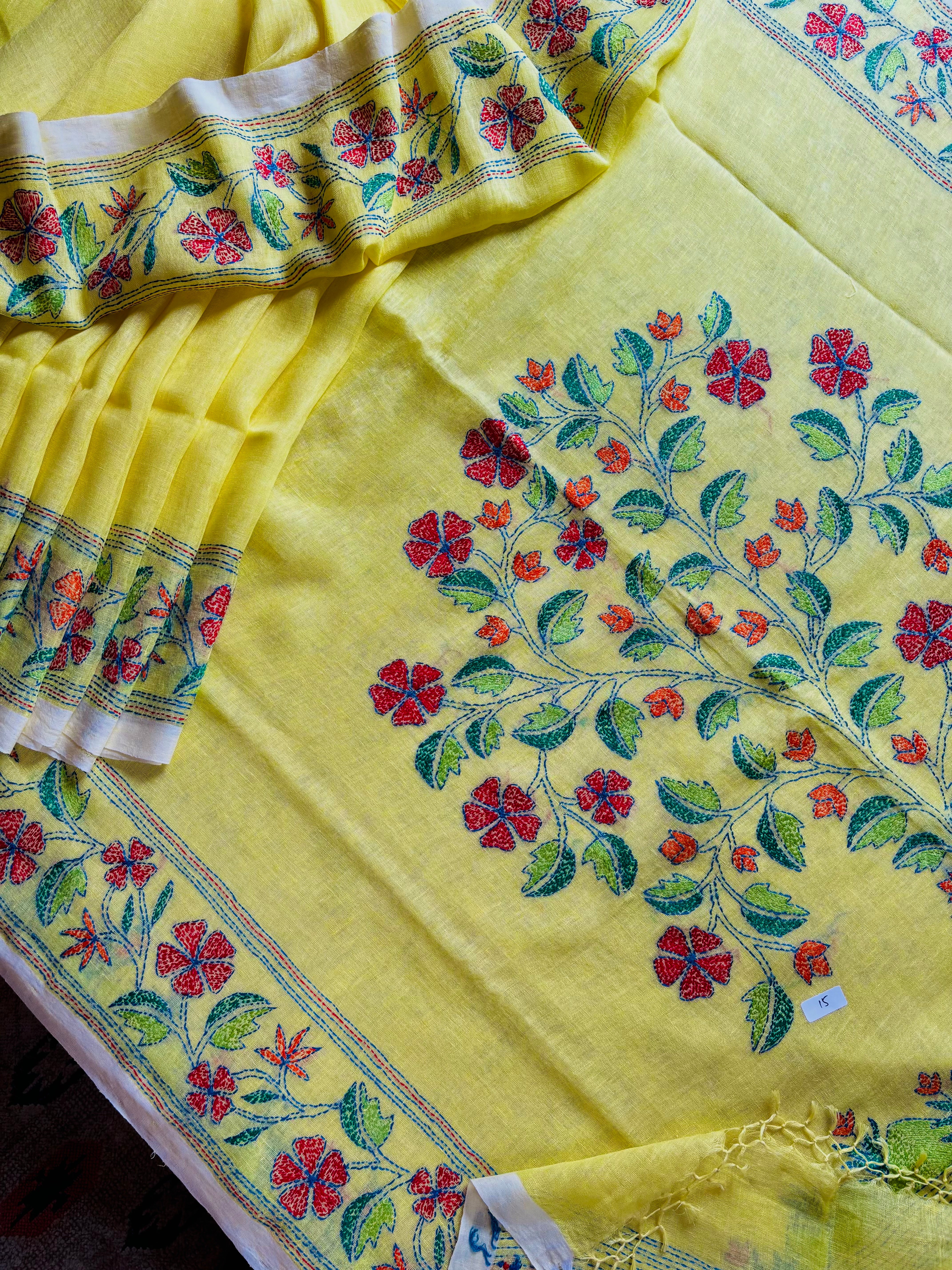 Handwoven Lemon Yellow Colour Linen Kantha Saree