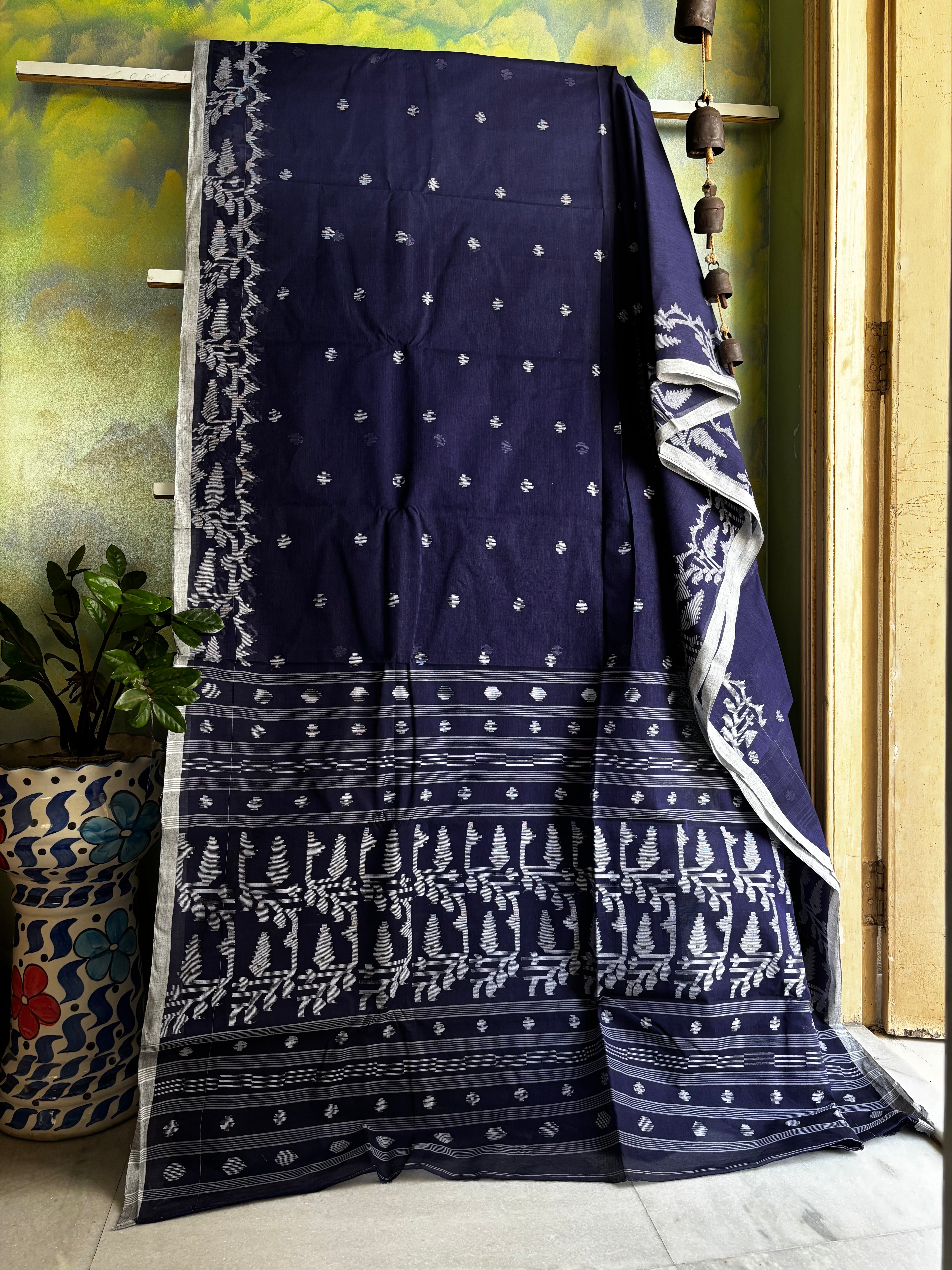 Handwoven Ink Blue Cotton Jamdani Saree