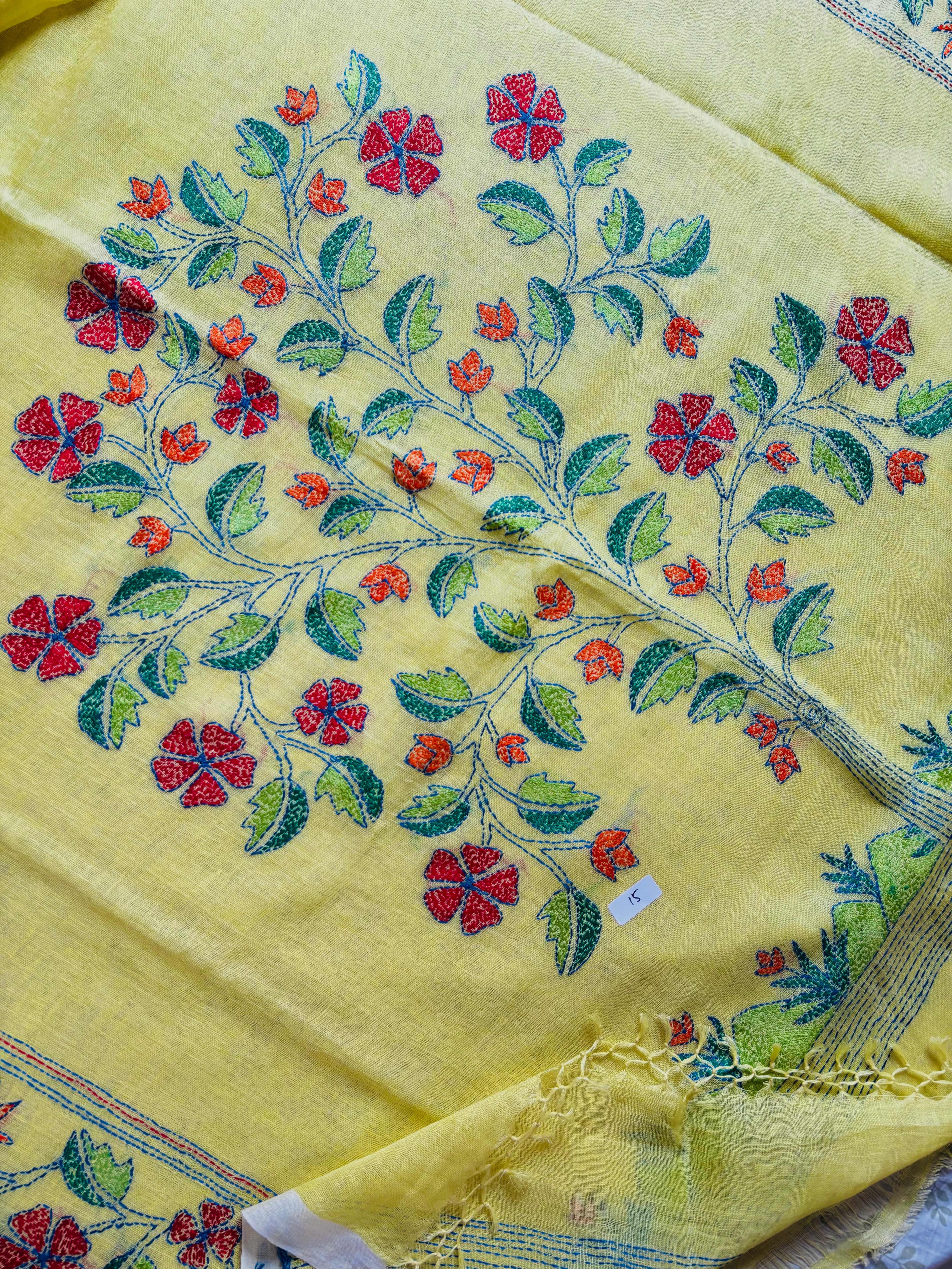Handwoven Lemon Yellow Colour Linen Kantha Saree