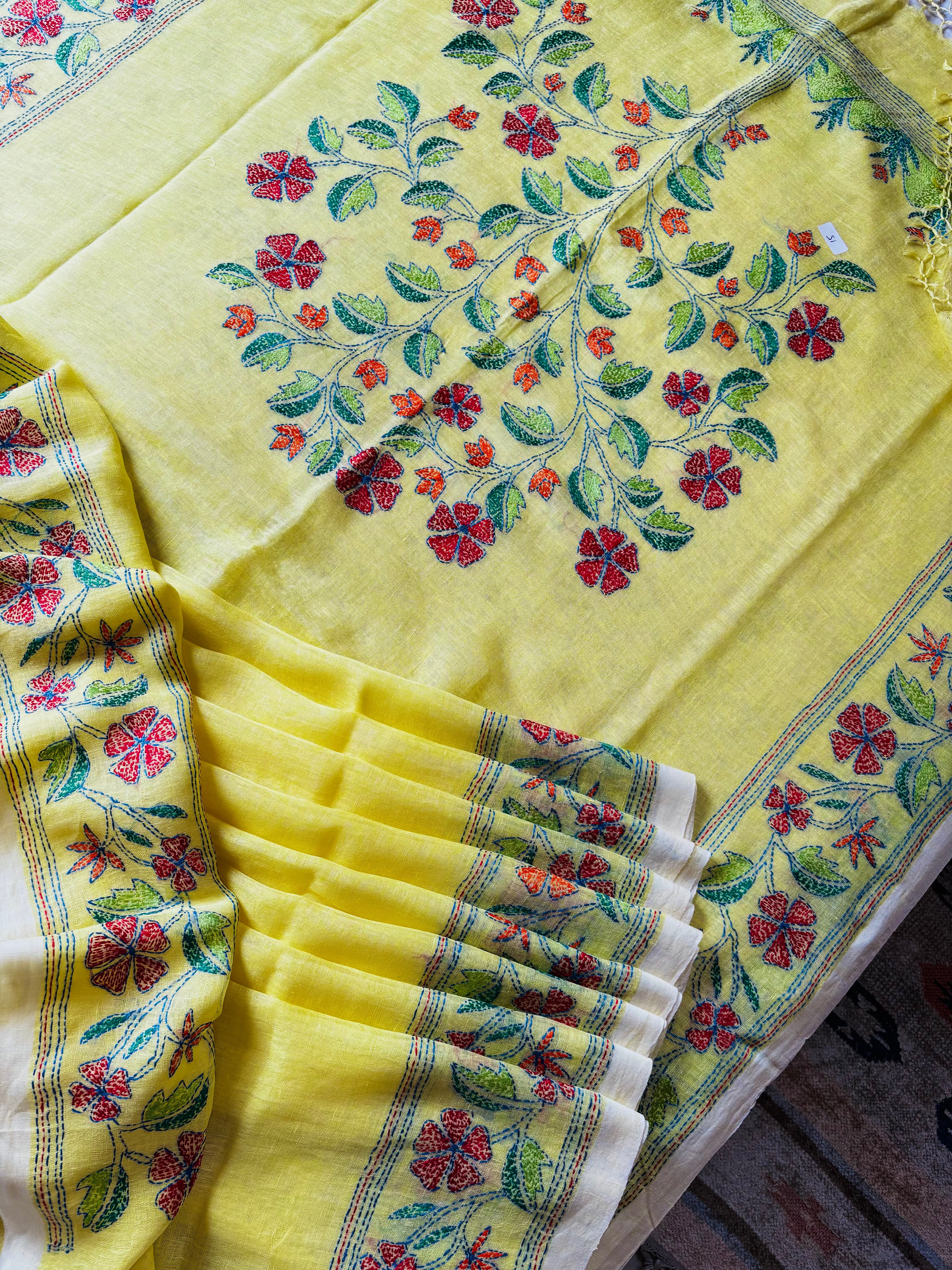 Handwoven Lemon Yellow Colour Linen Kantha Saree