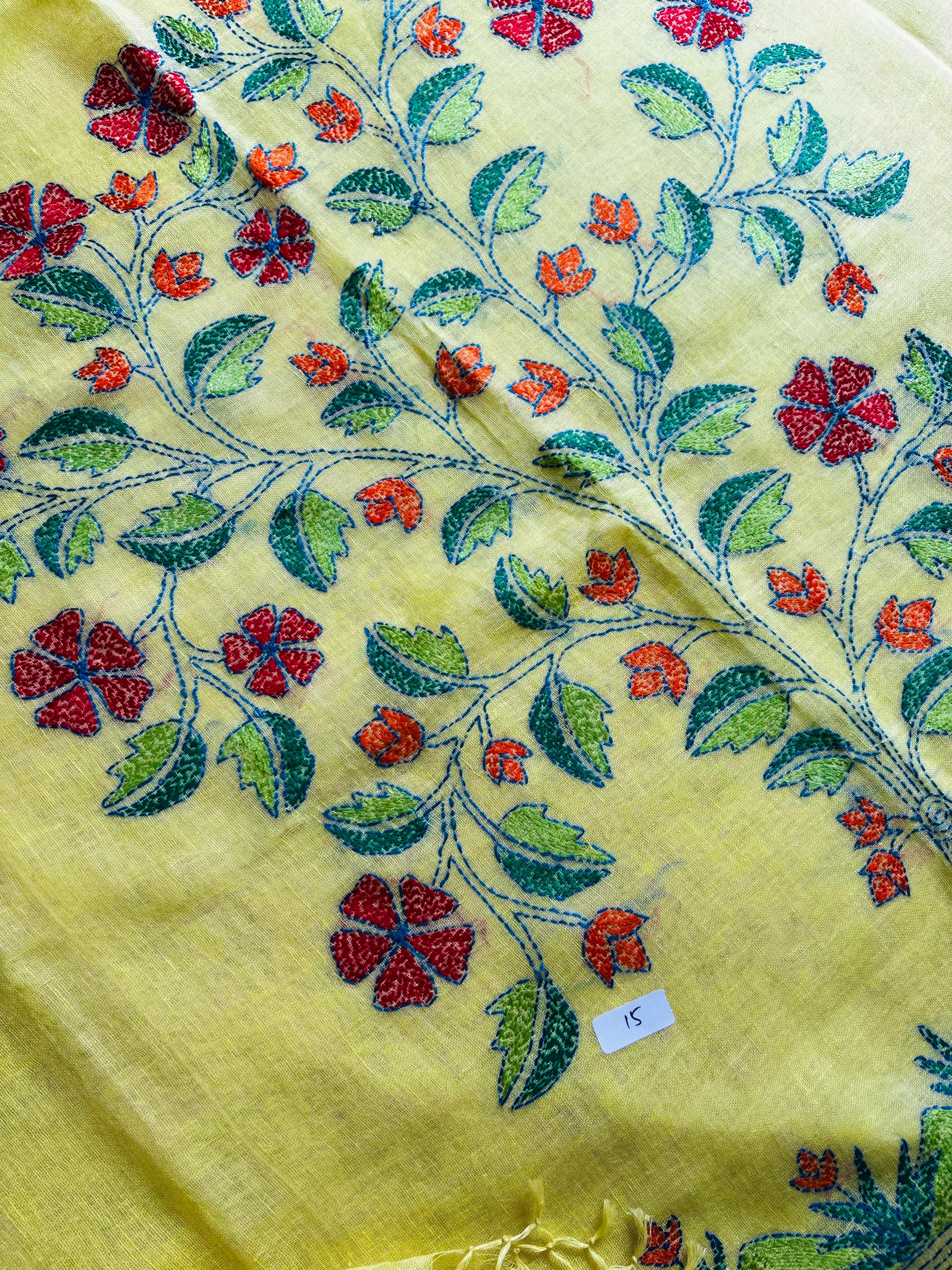 Handwoven Lemon Yellow Colour Linen Kantha Saree