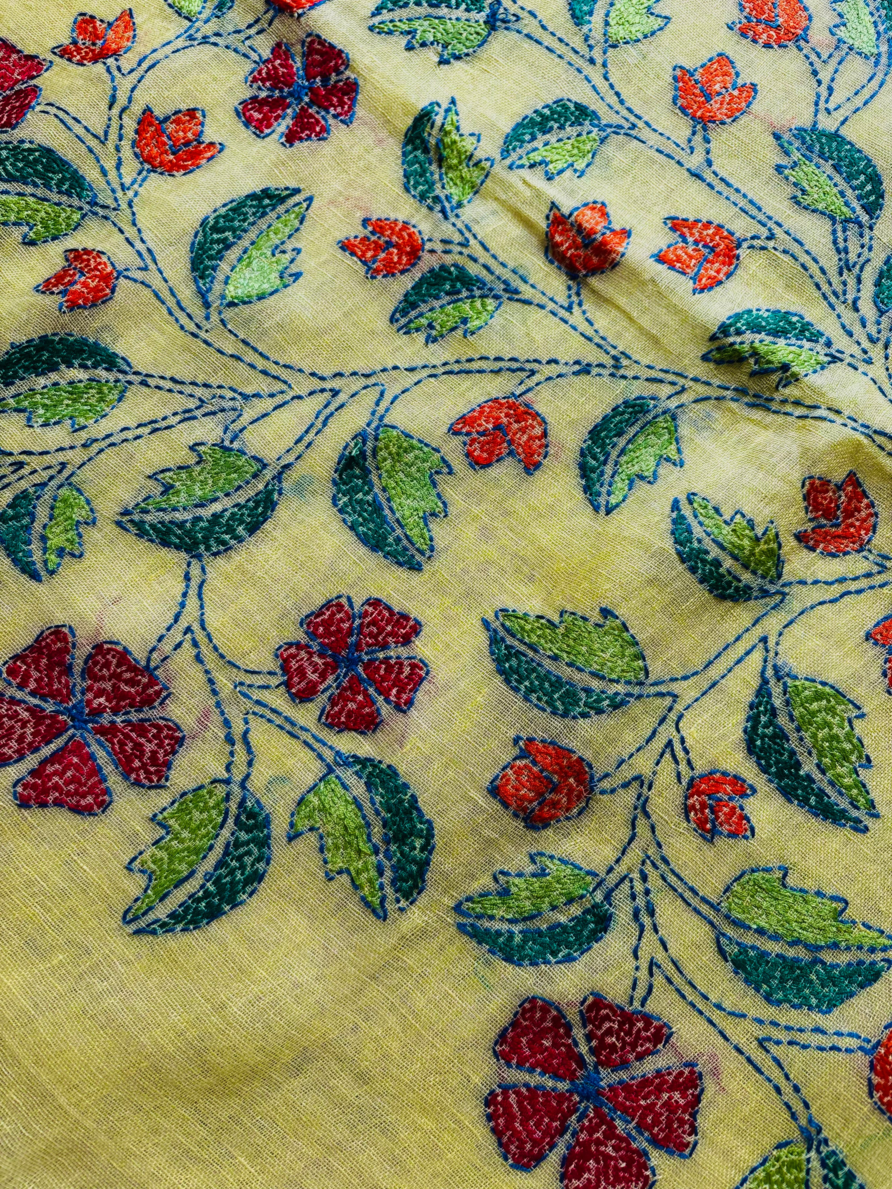 Handwoven Lemon Yellow Colour Linen Kantha Saree