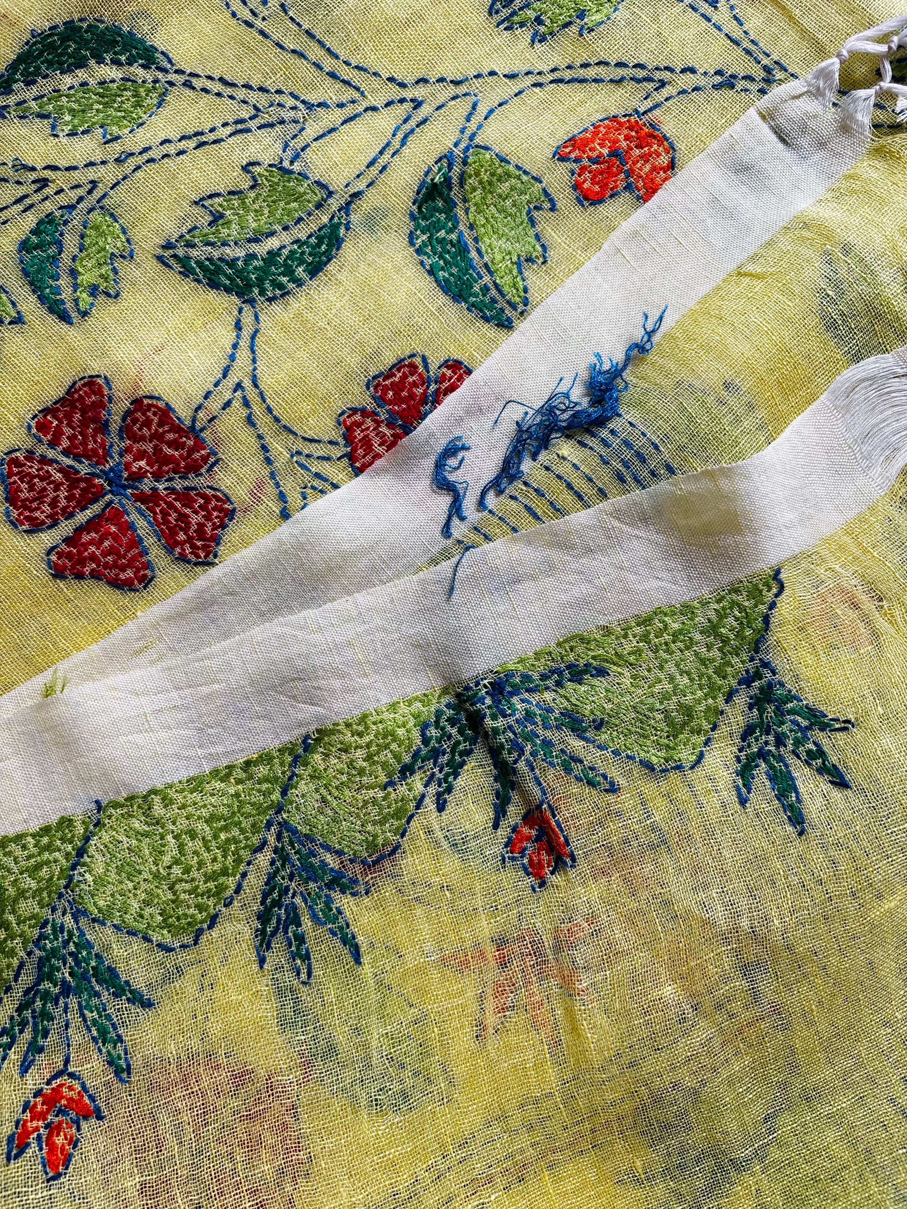 Handwoven Lemon Yellow Colour Linen Kantha Saree