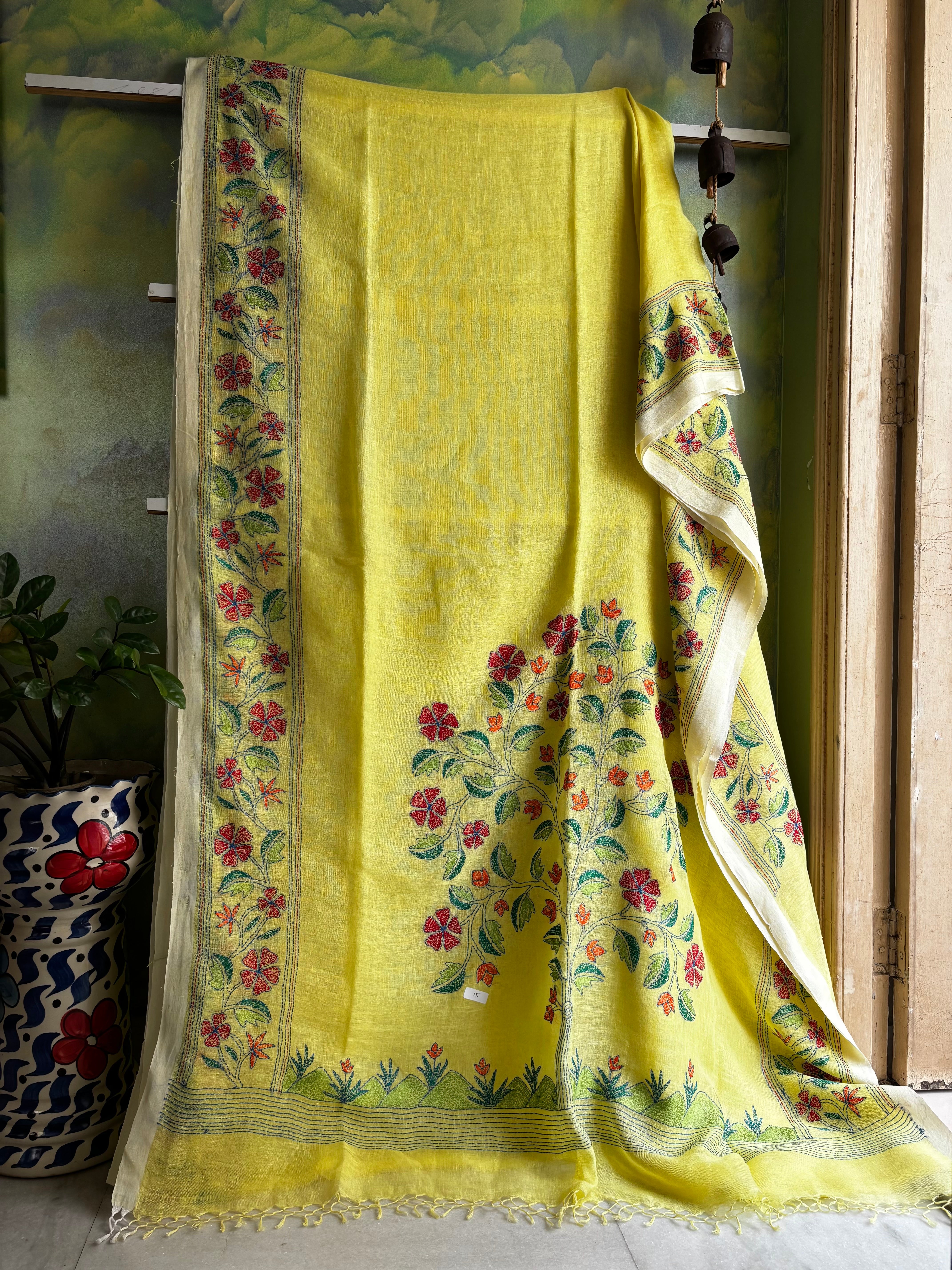 Handwoven Lemon Yellow Colour Linen Kantha Saree