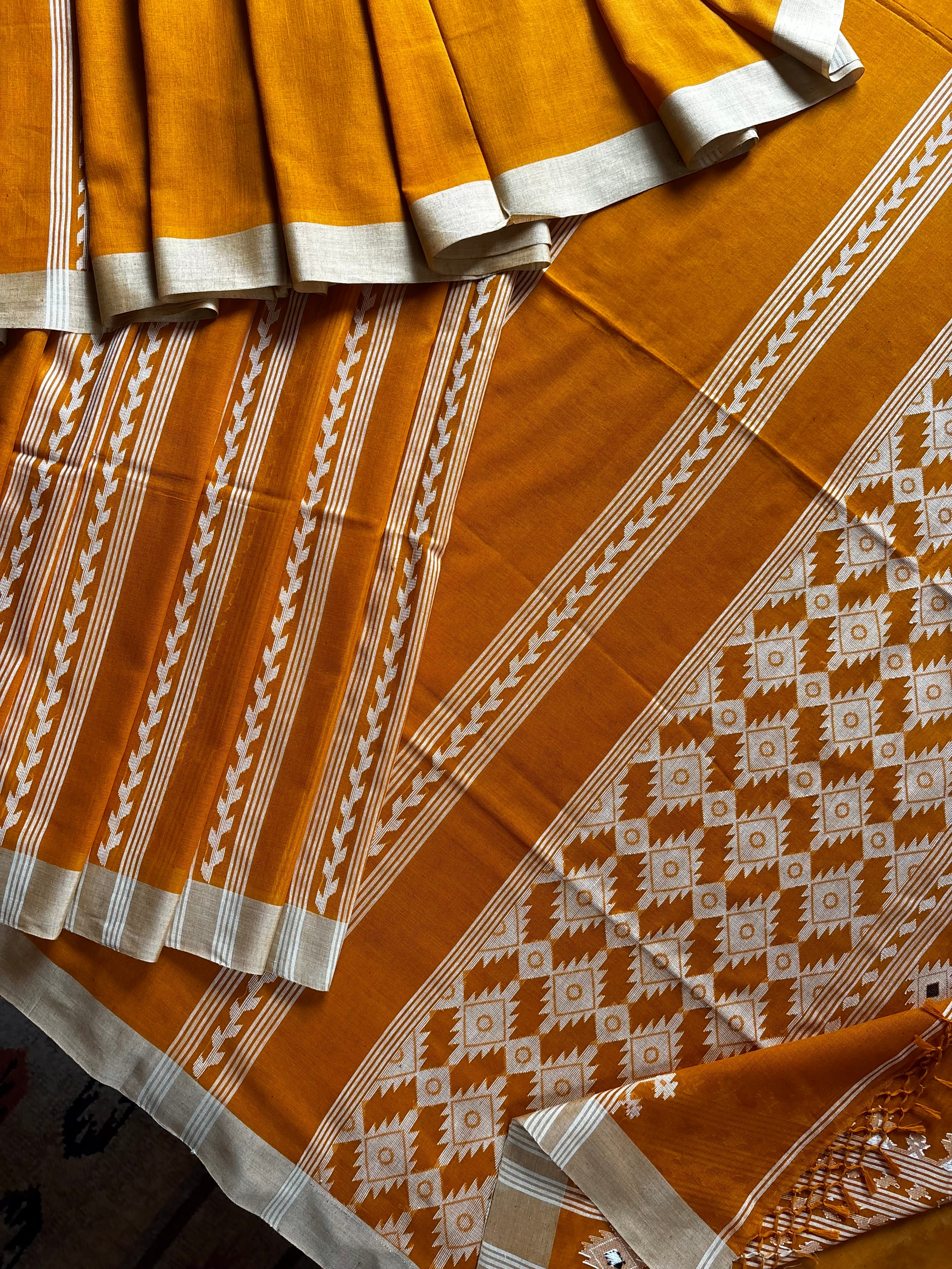 Handwoven Orangish Mustard Colour Cotton Jamdani Saree