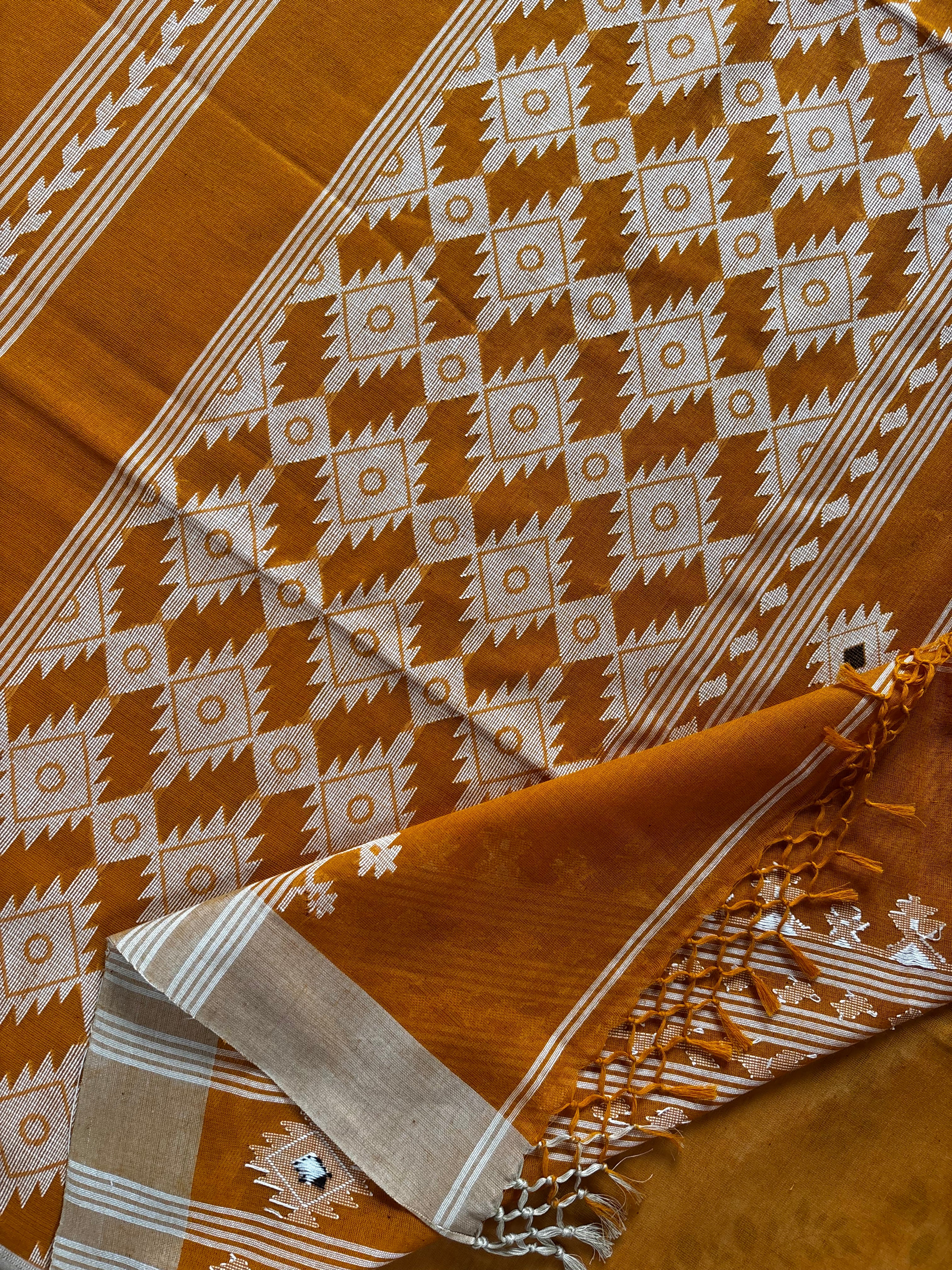 Handwoven Orangish Mustard Colour Cotton Jamdani Saree