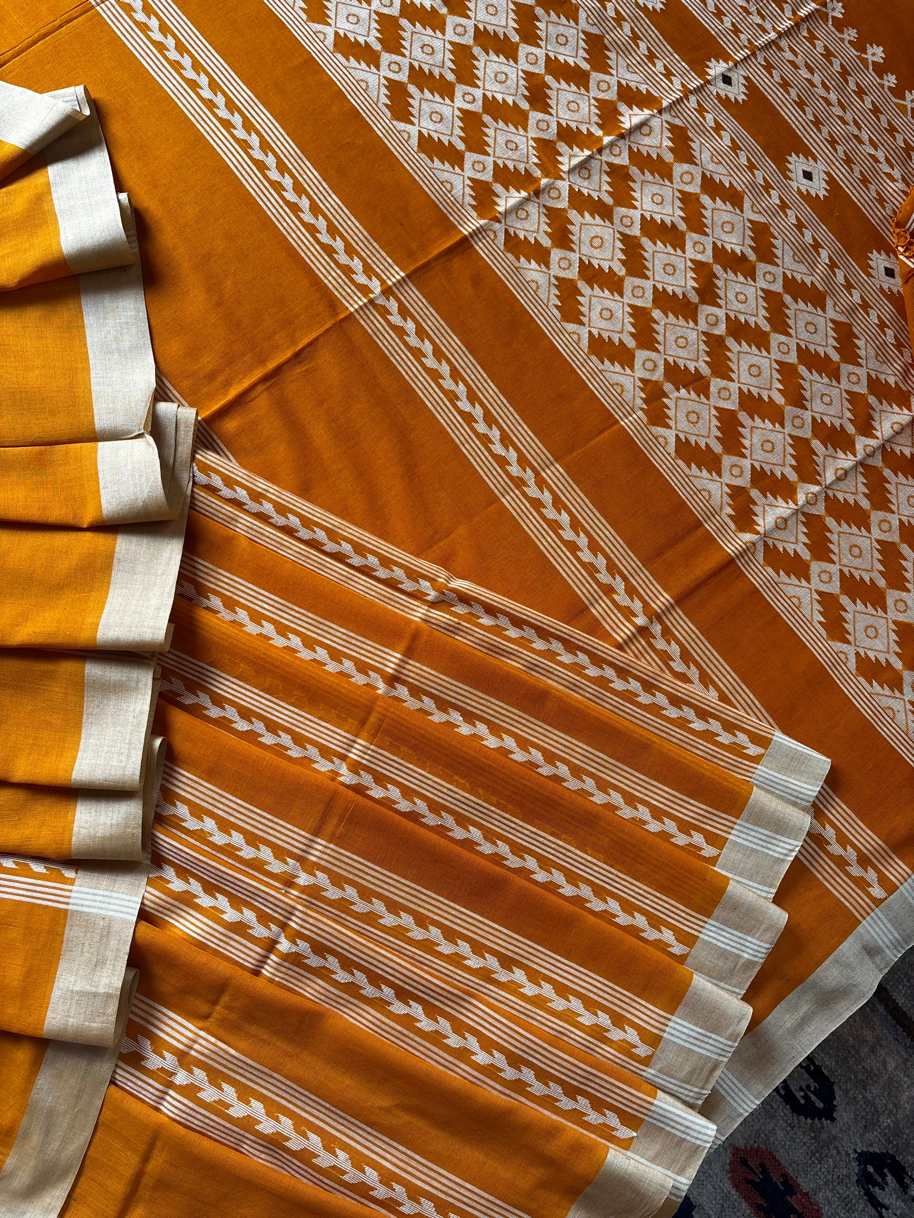 Handwoven Orangish Mustard Colour Cotton Jamdani Saree