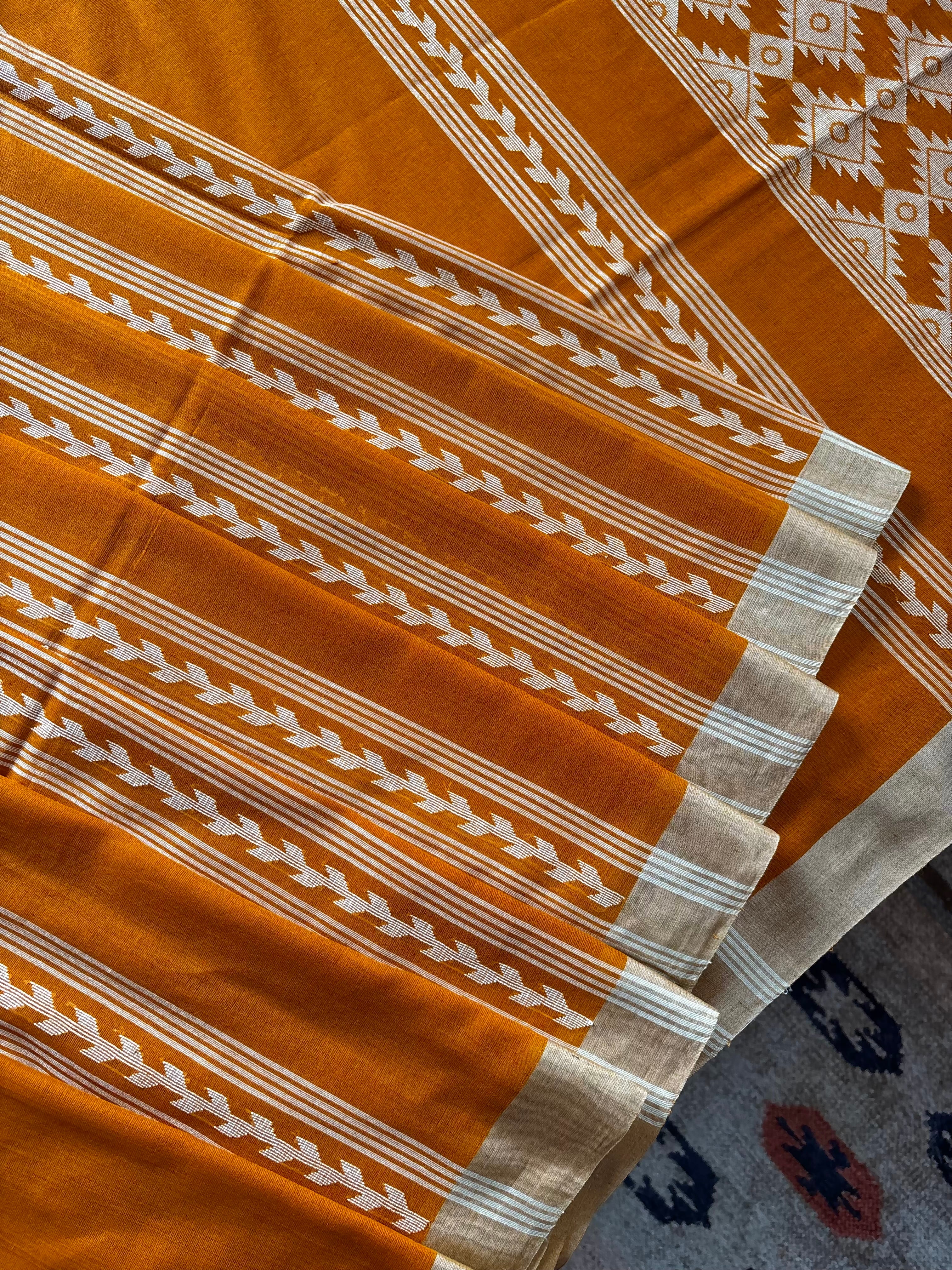 Handwoven Orangish Mustard Colour Cotton Jamdani Saree