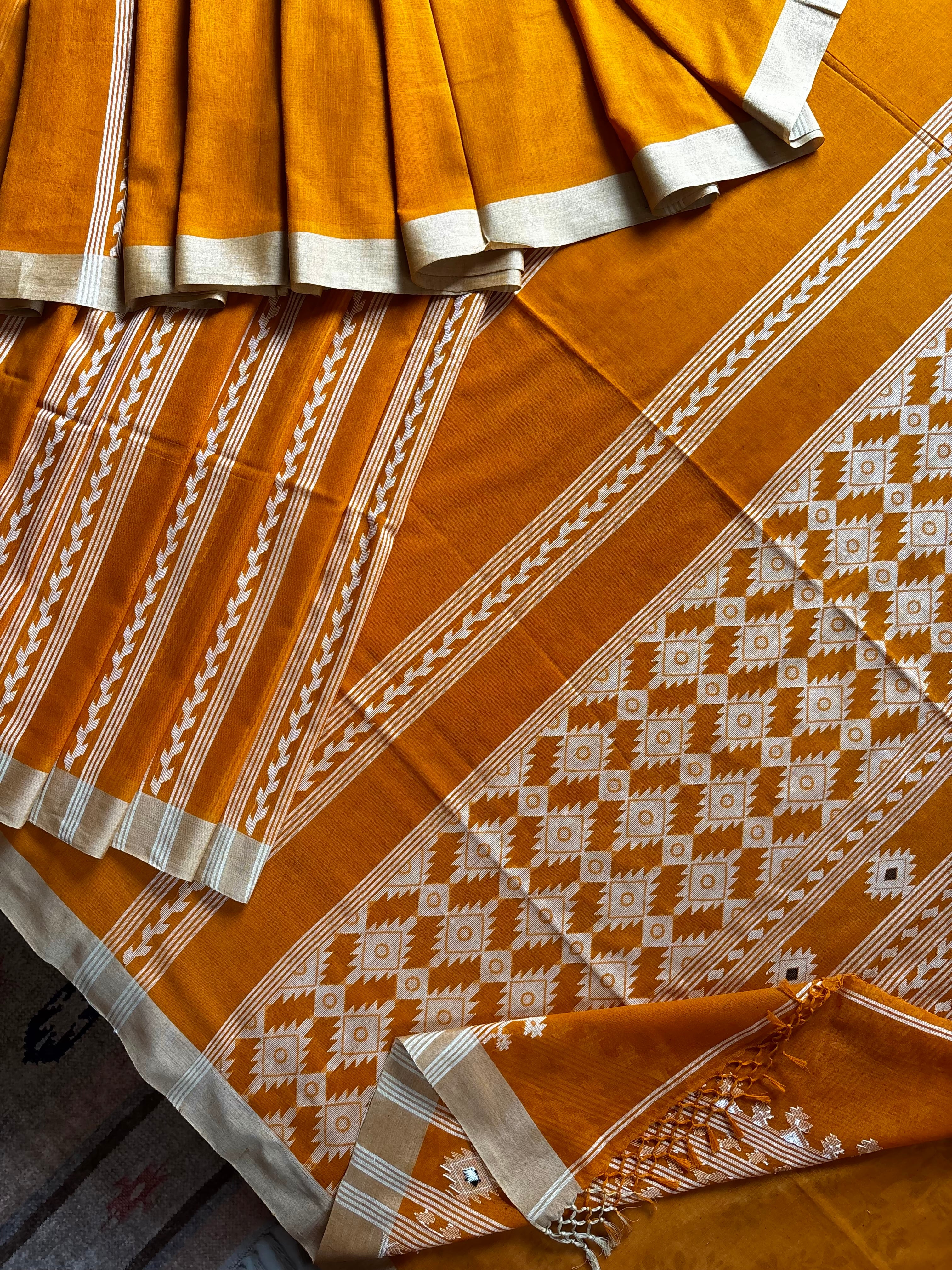 Handwoven Orangish Mustard Colour Cotton Jamdani Saree