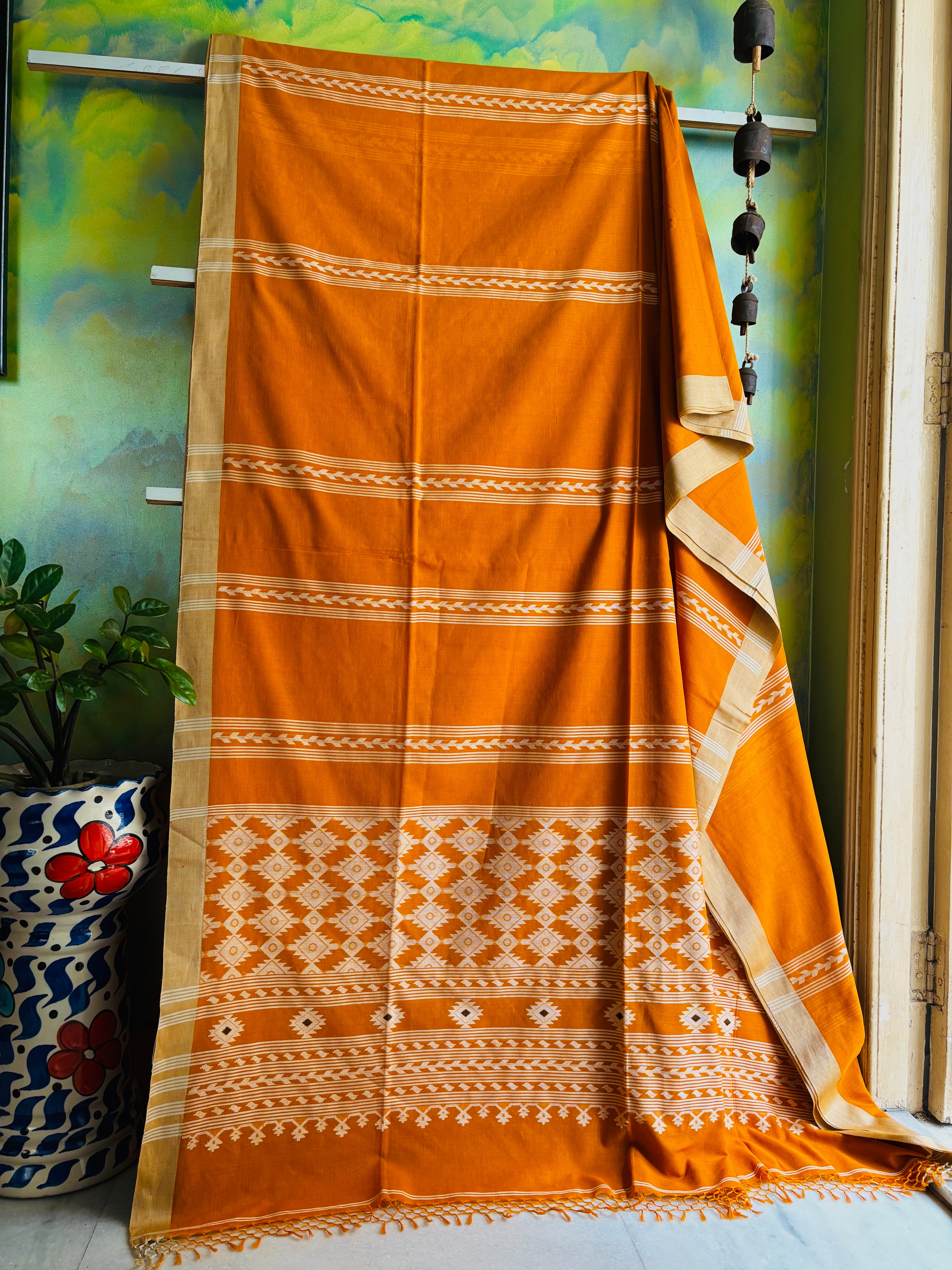 Handwoven Orangish Mustard Colour Cotton Jamdani Saree