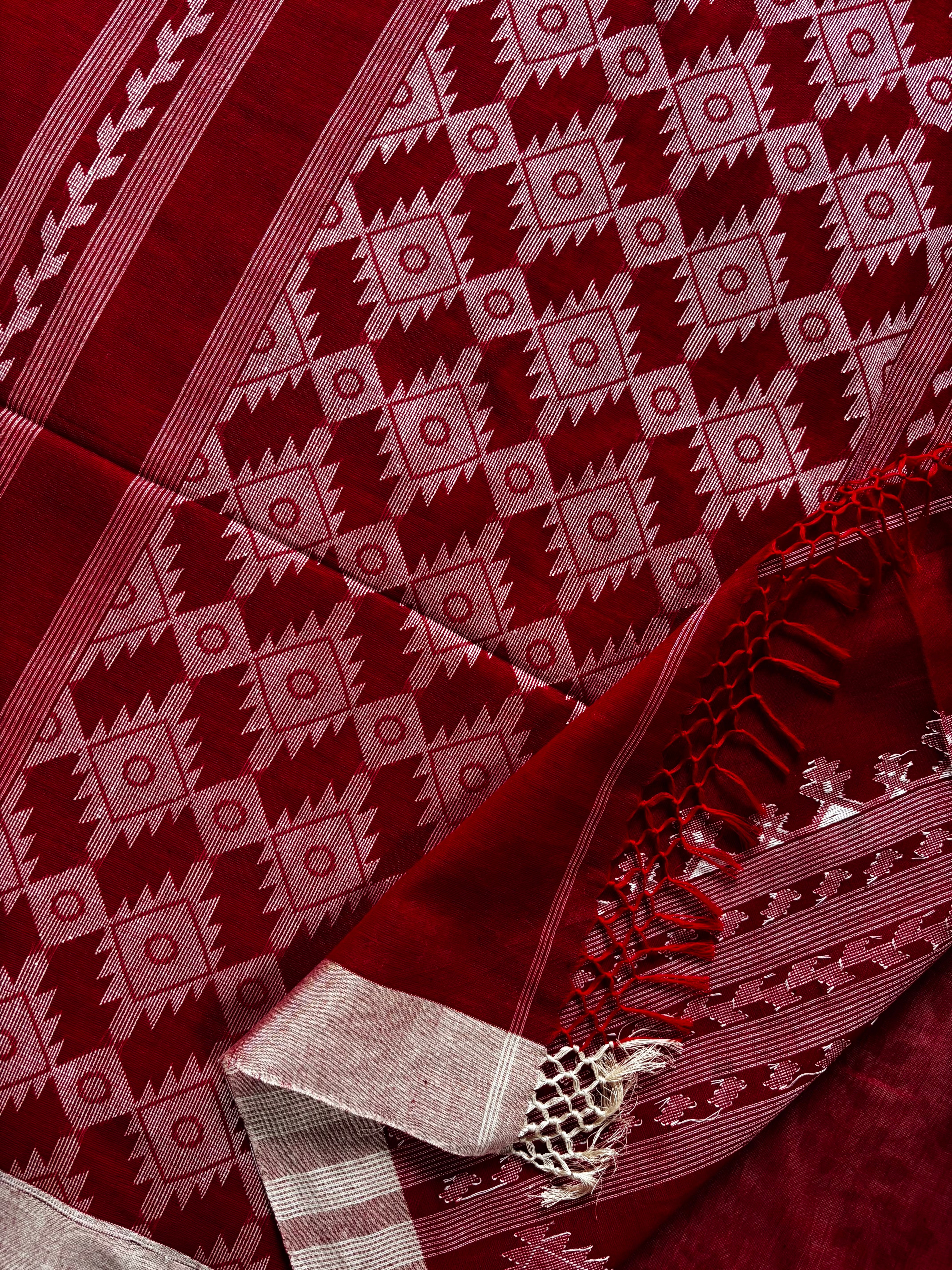 Handwoven Dark Red Colour Cotton Jamdani Saree