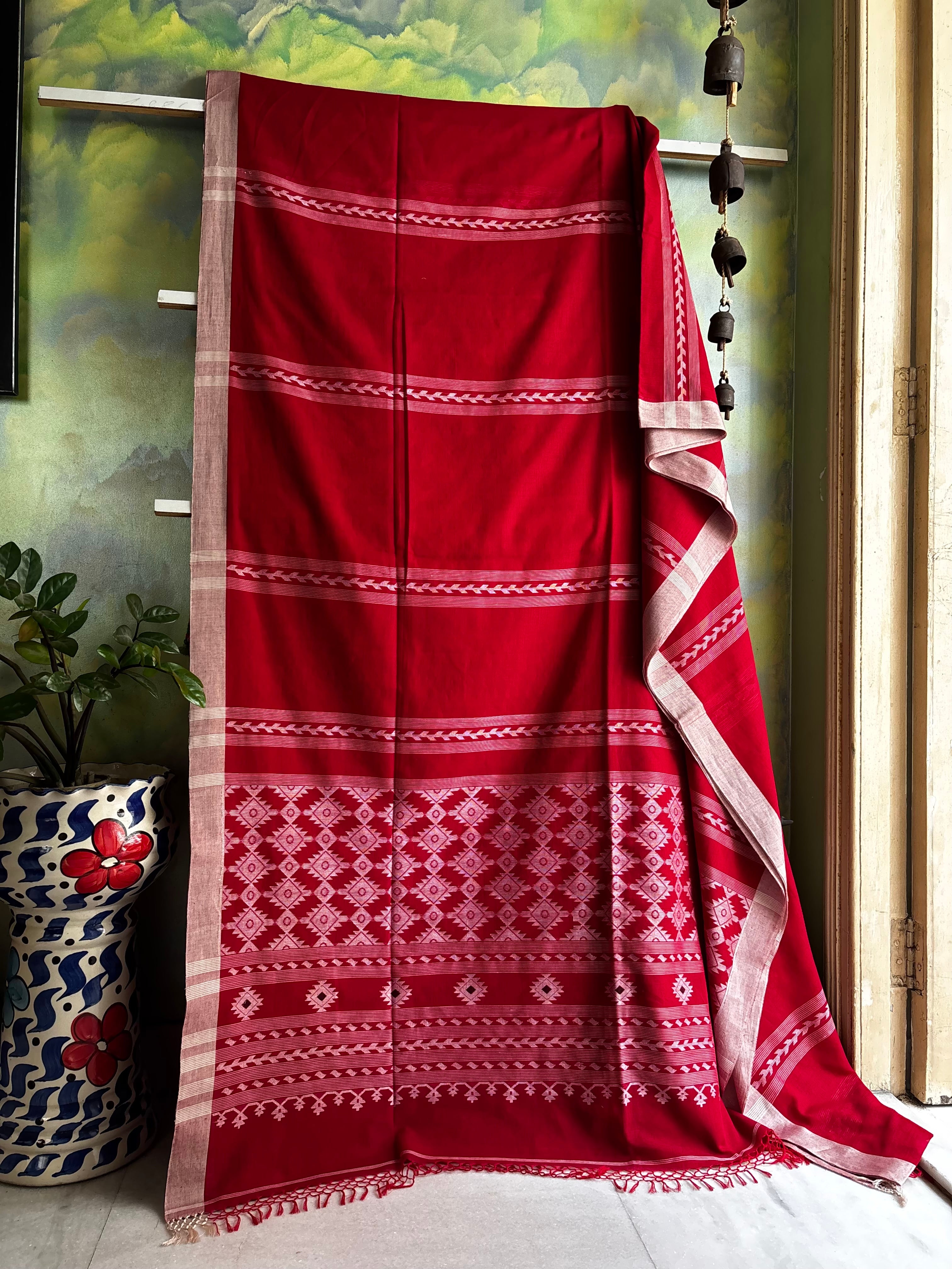 Handwoven Dark Red Colour Cotton Jamdani Saree