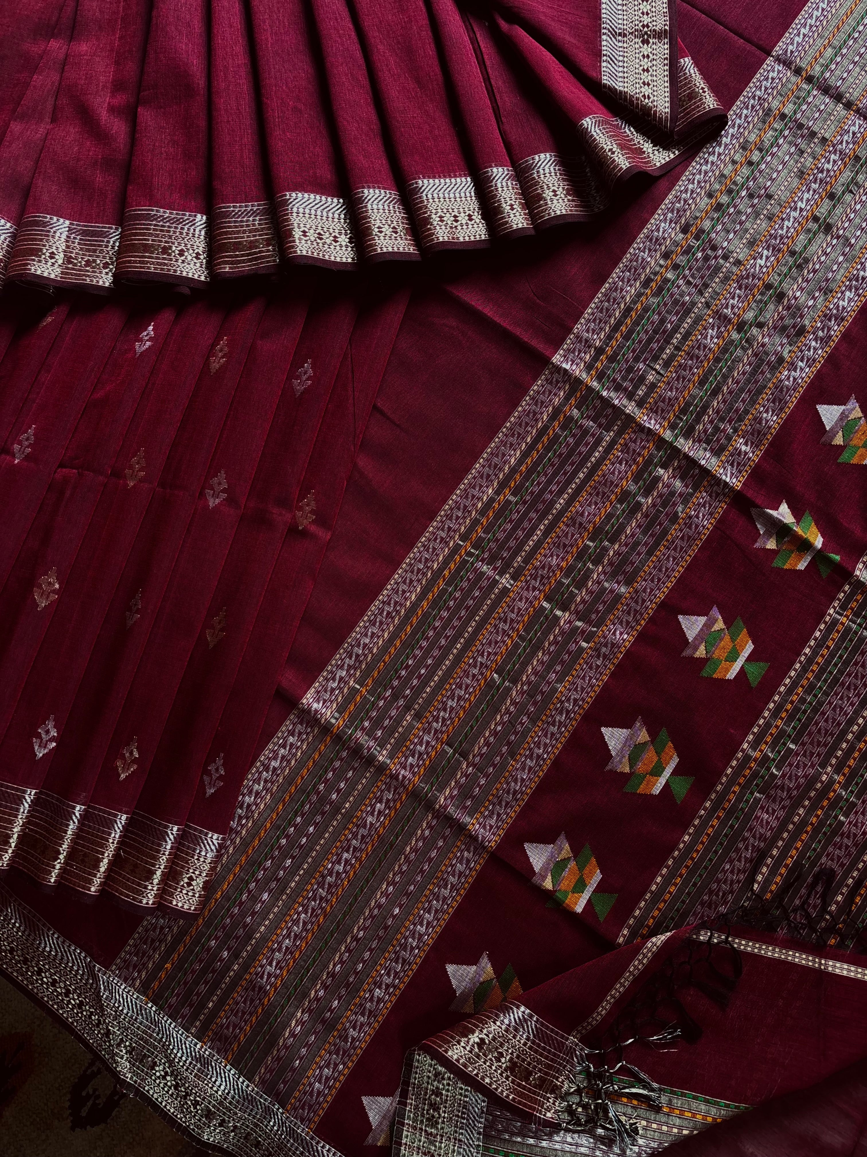 Handwoven Dark Maroon Colour Cotton Jamdani Saree