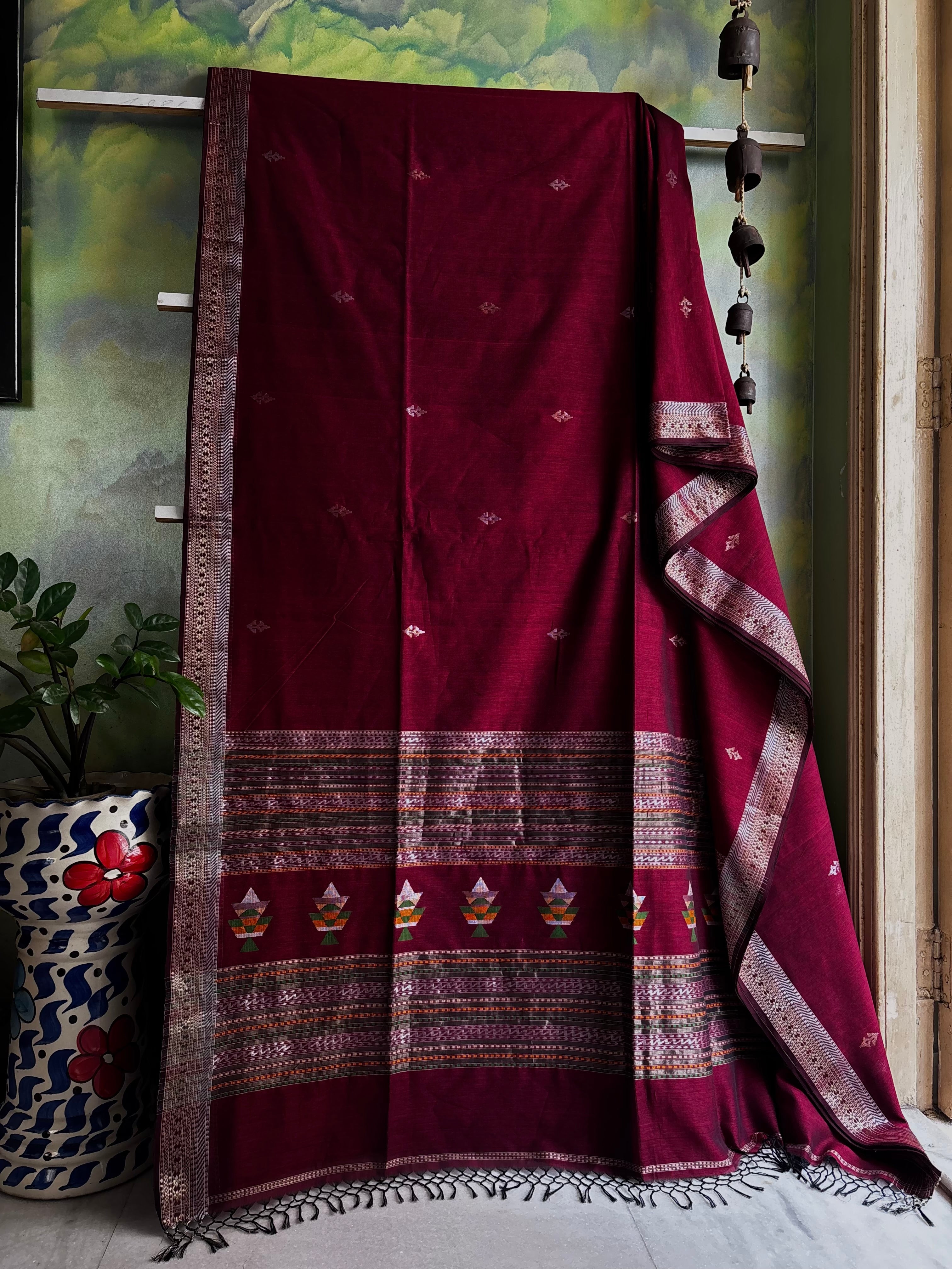 Handwoven Dark Maroon Colour Cotton Jamdani Saree