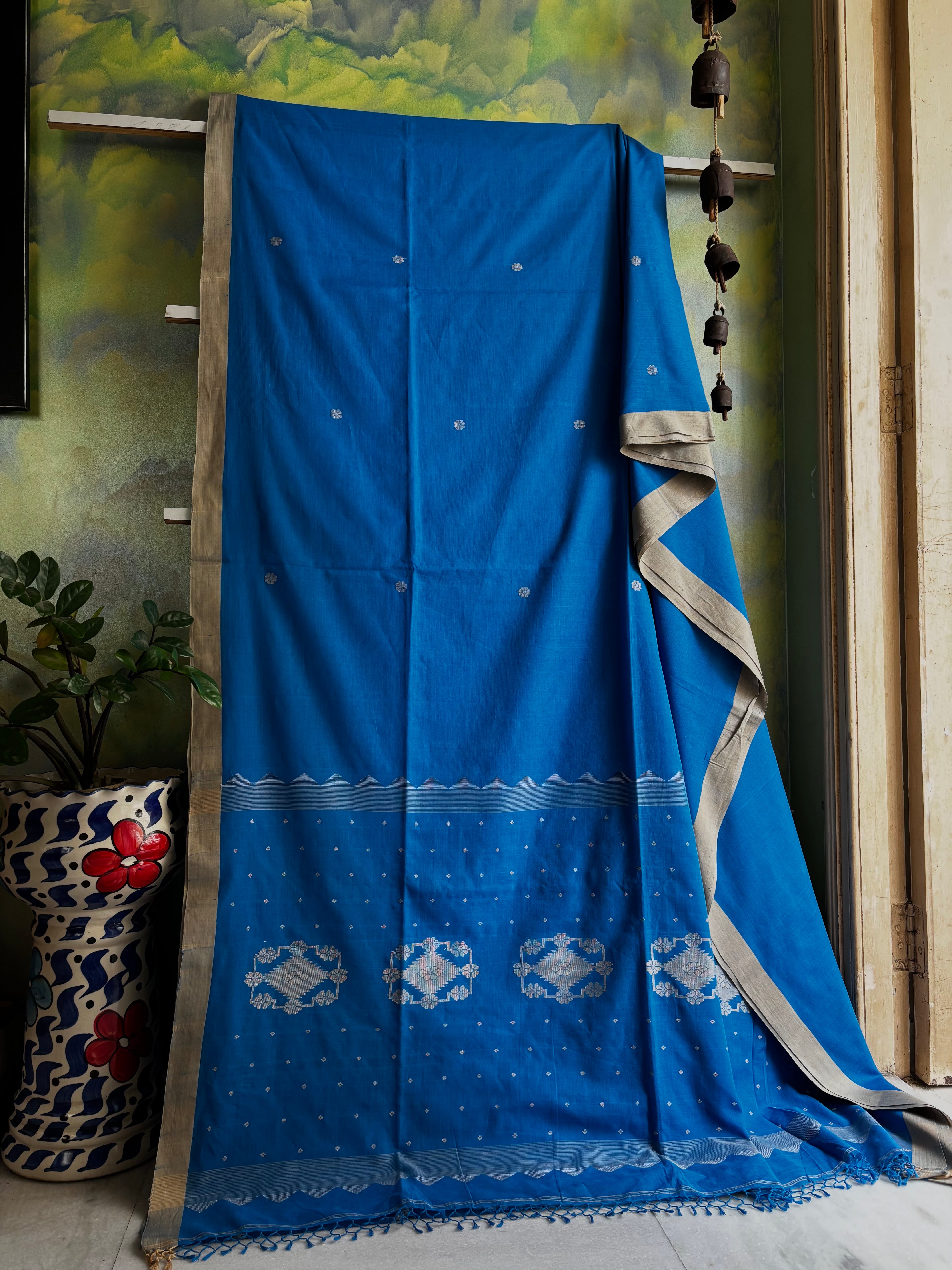 Handwoven Firozi Blue Colour Cotton Jamdani Saree